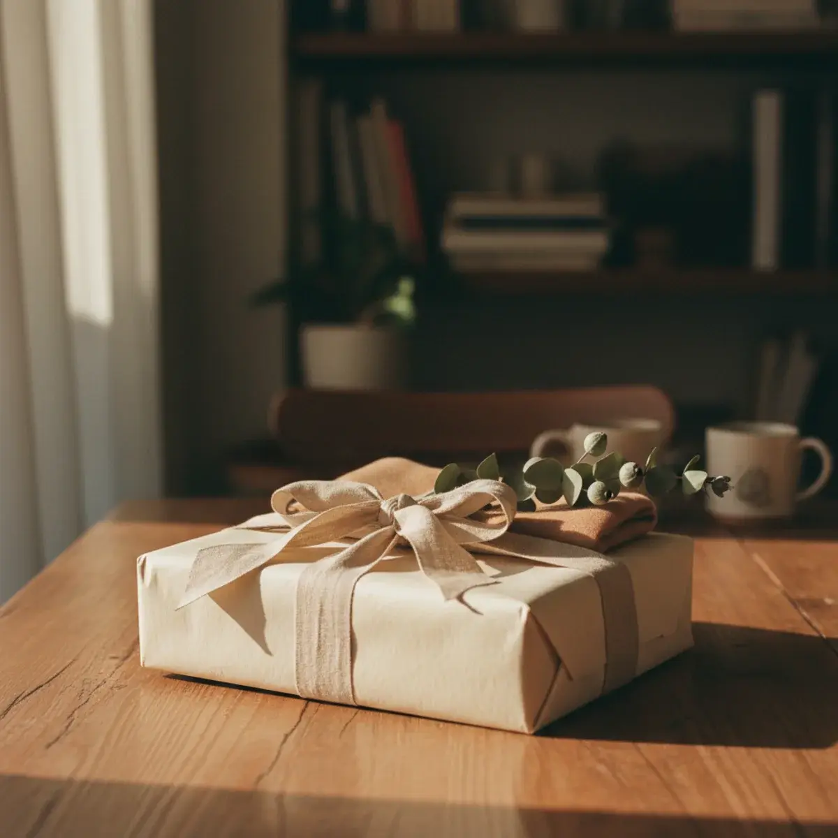 A beautifully wrapped Christmas gift in cream paper tied with a gold ribbon beside a small pine wreath, a candle, and a hot cocoa on a wooden tray