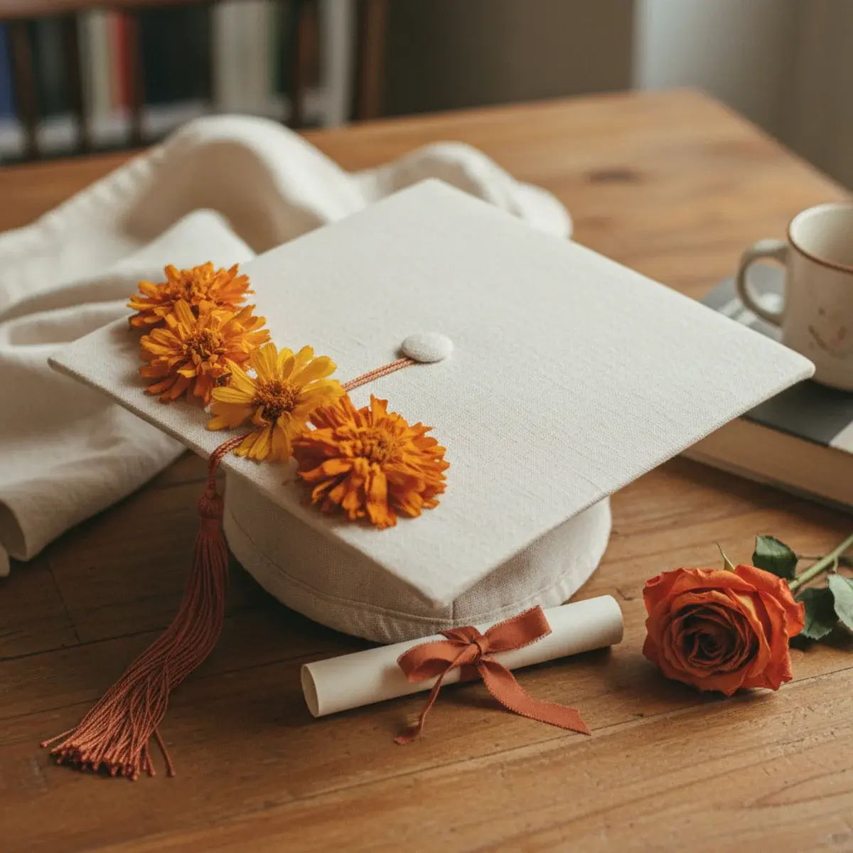 A graduation cap intricately decorated with hand-painted orange marigold flowers and gold lettering reading 'Gracias Familia', displayed against a soft cream backdrop