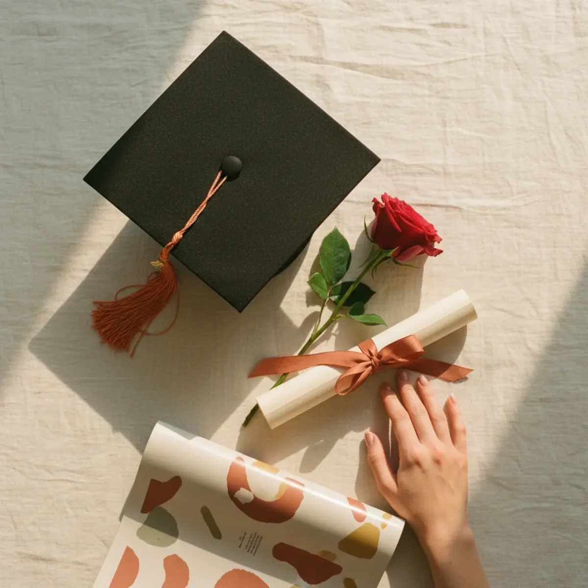 A finished and framed graduation cap with intricate Mexican folk art designs displayed in a shadow box on a cream wall, beside a small family photograph and a sprig of dried lavender