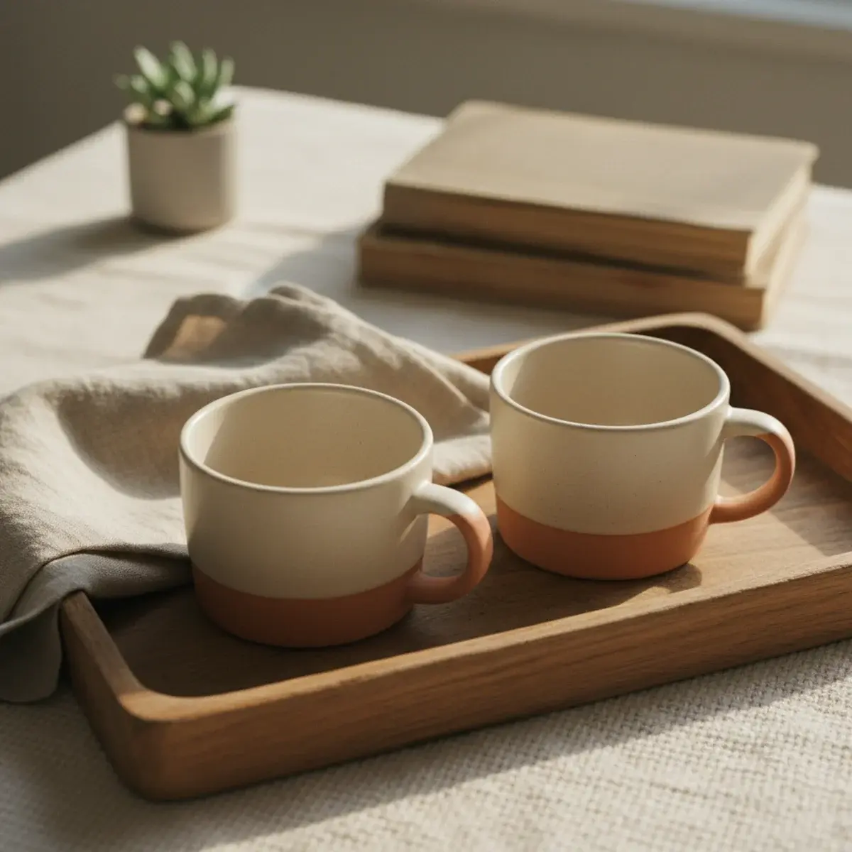 A young woman in soft beige loungewear drinking coffee at a sunlit kitchen counter with an open journal and a single piece of toast on a small plate