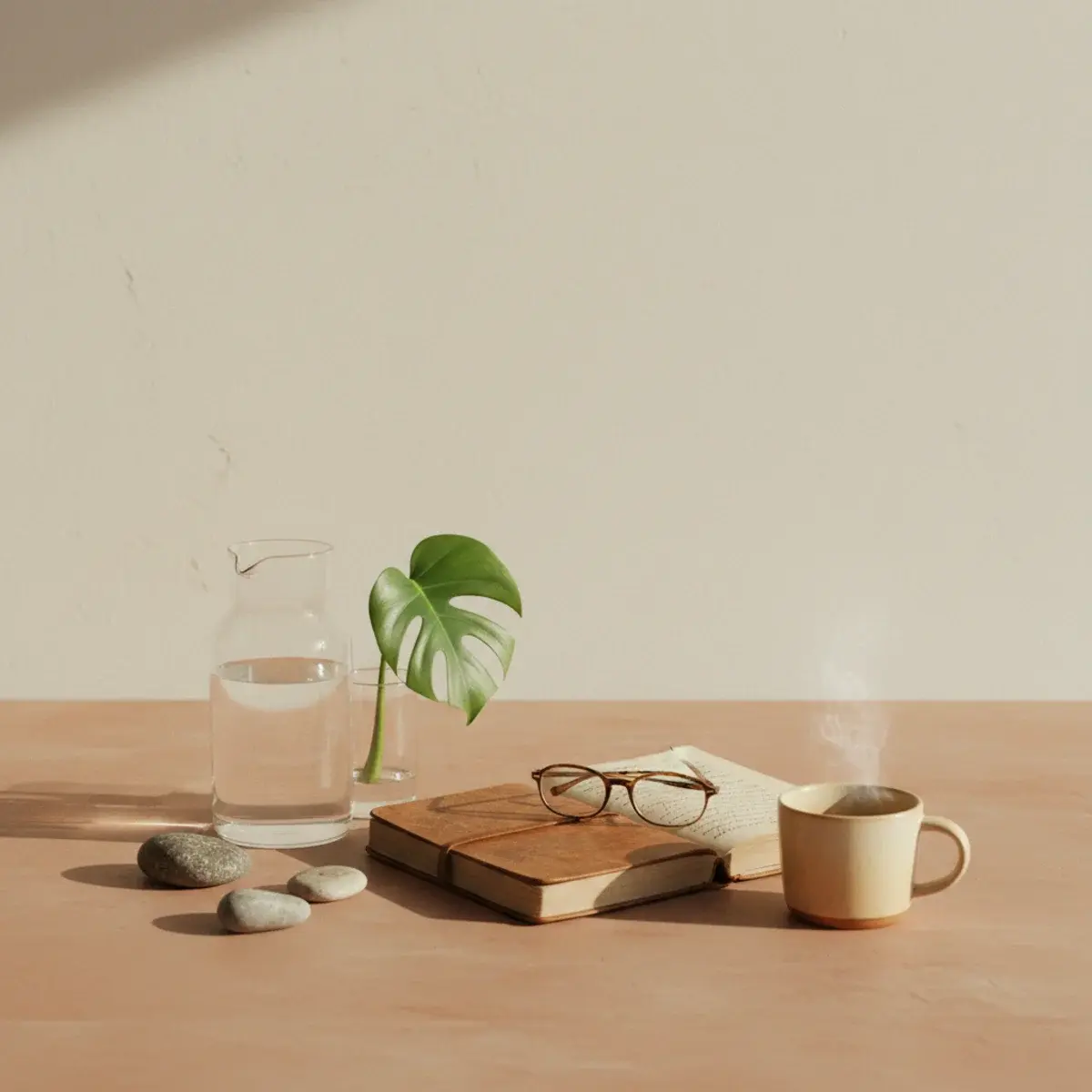 A flat-lay of morning routine essentials: an open planner with handwritten notes, a green smoothie in a glass, a paperback book, a candle, and a single dried flower in soft window light