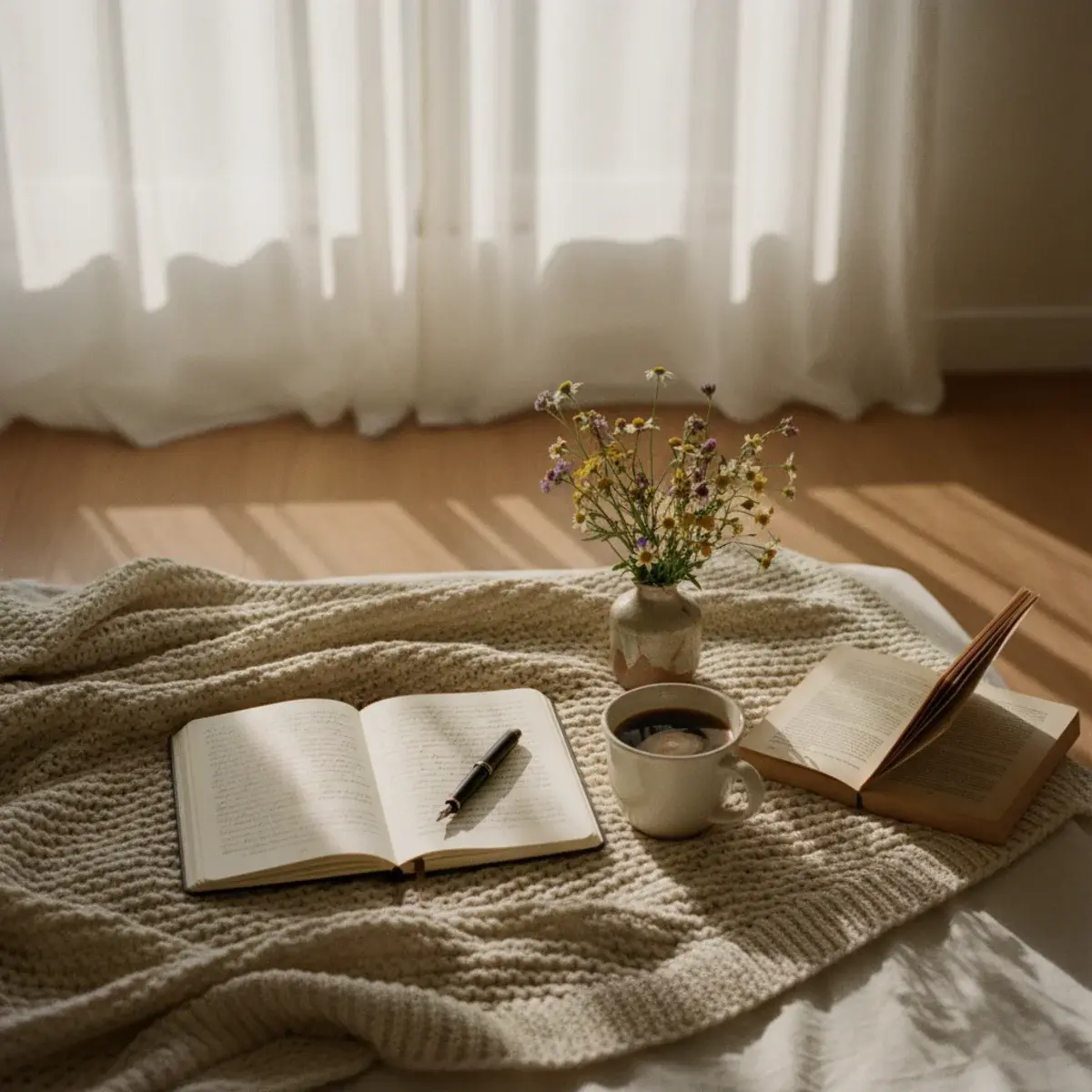 A young woman in soft beige pyjamas drinking coffee at a sunlit kitchen counter with an open journal and a single croissant on a small plate