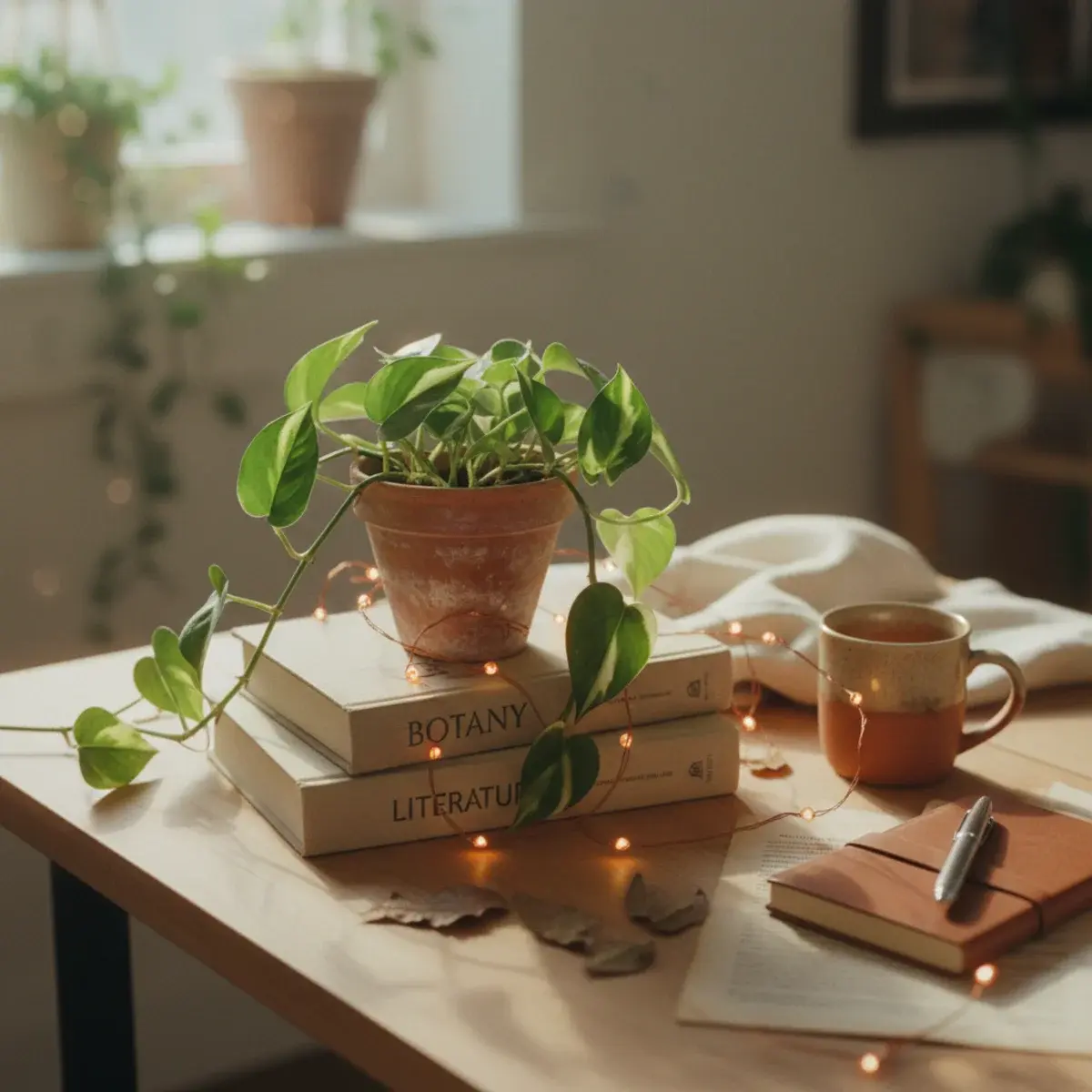 A neat home study desk with a laptop, ergonomic chair, single succulent plant, ceramic mug, and warm natural window light