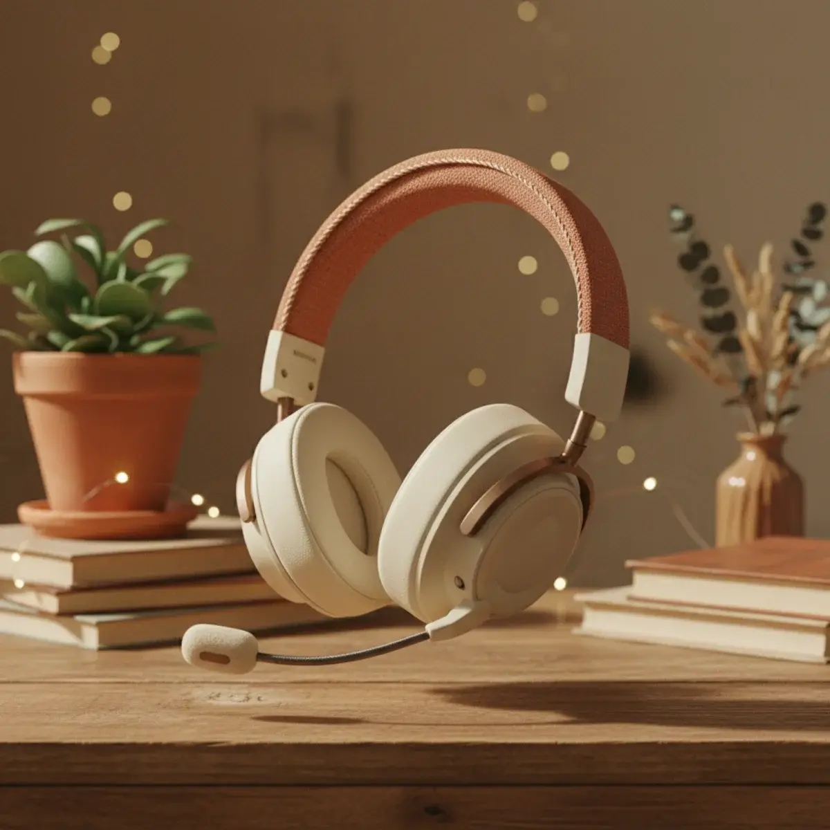 A warm-lit study corner in the evening with a cream desk lamp, an open notebook, a steaming cup of tea, and a small succulent on a wooden desk