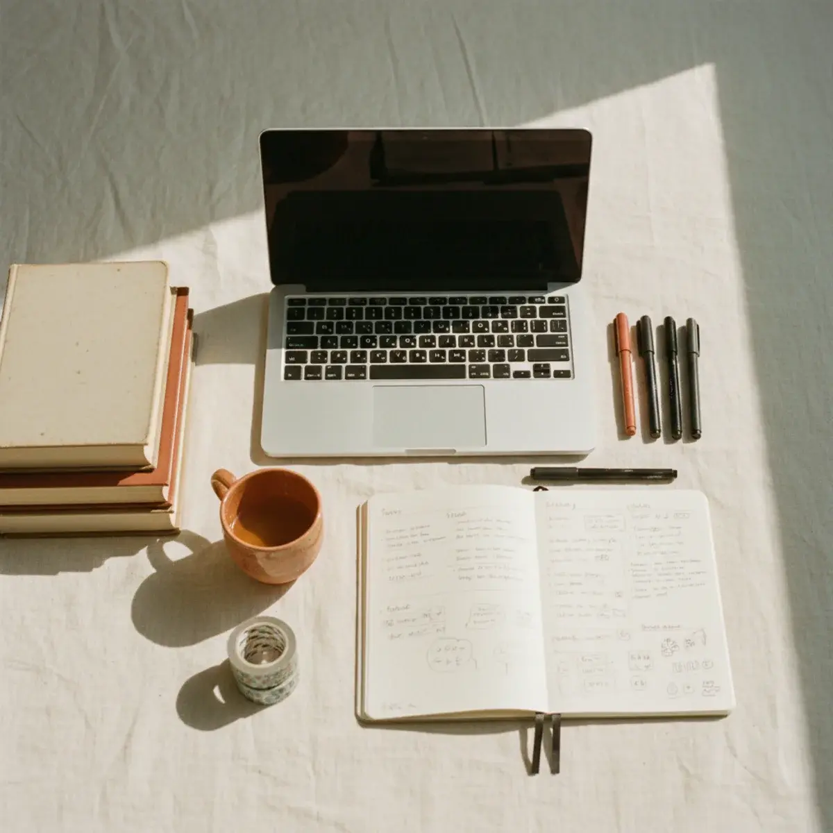 A neat flat-lay of online-college supplies including a laptop, headphones, notebook, pen case, water bottle, and a small succulent