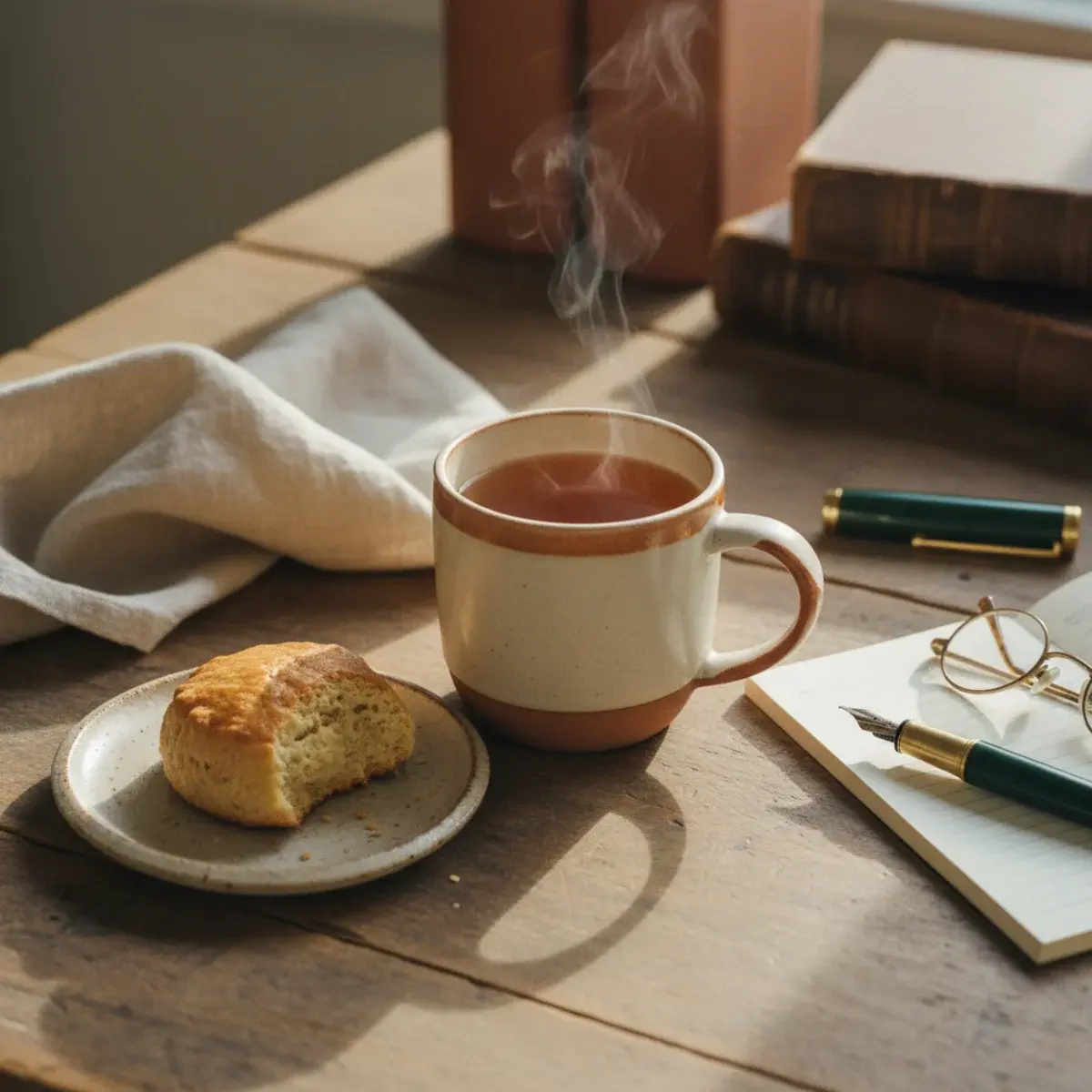 A neat home study desk with an open laptop showing a video lecture, a notebook, headphones, a cup of herbal tea, and a small succulent in soft window light
