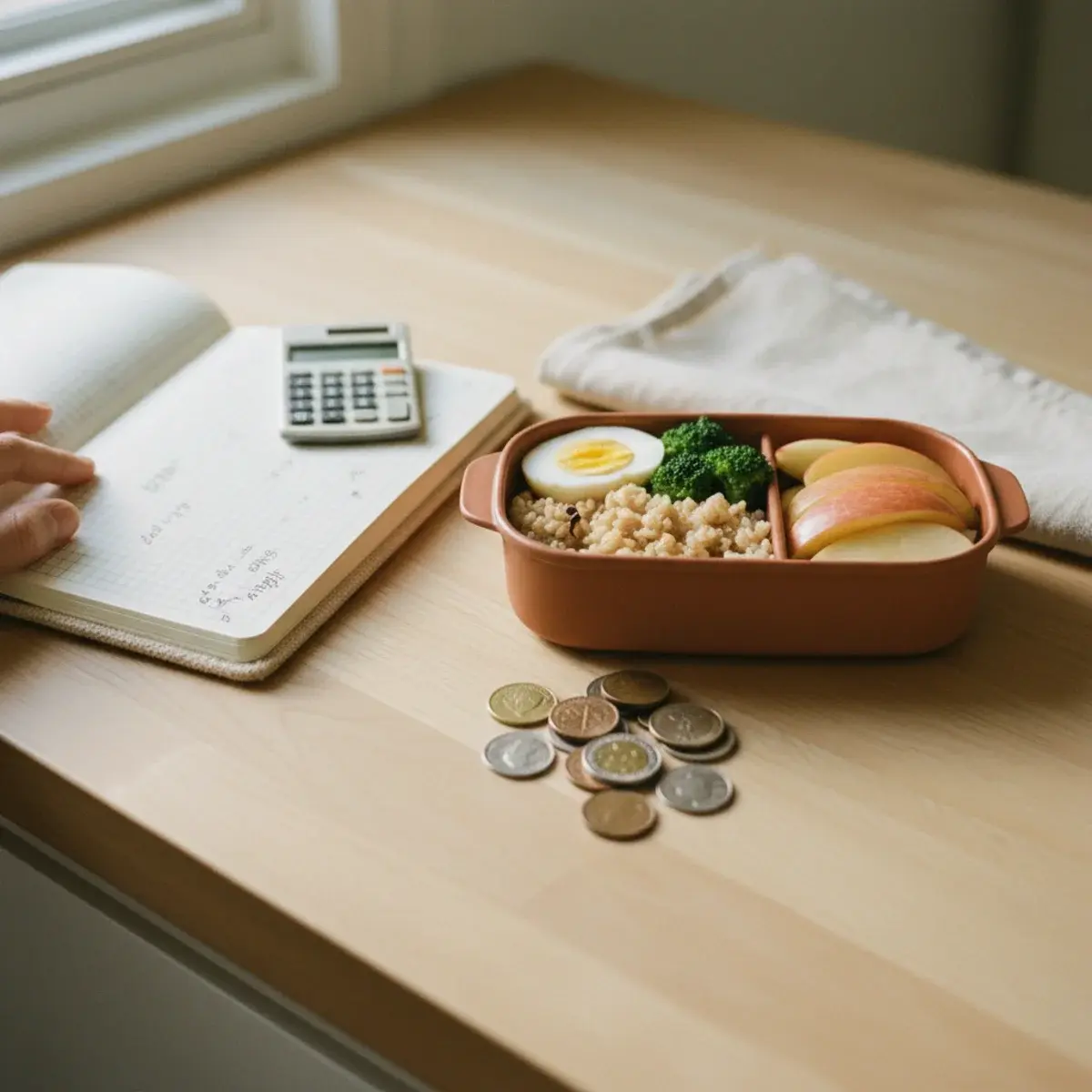 A row of glass meal-prep containers filled with grain salad, roasted vegetables, and lentil daal arranged on a kitchen counter beside a folded reusable bag, in warm afternoon light