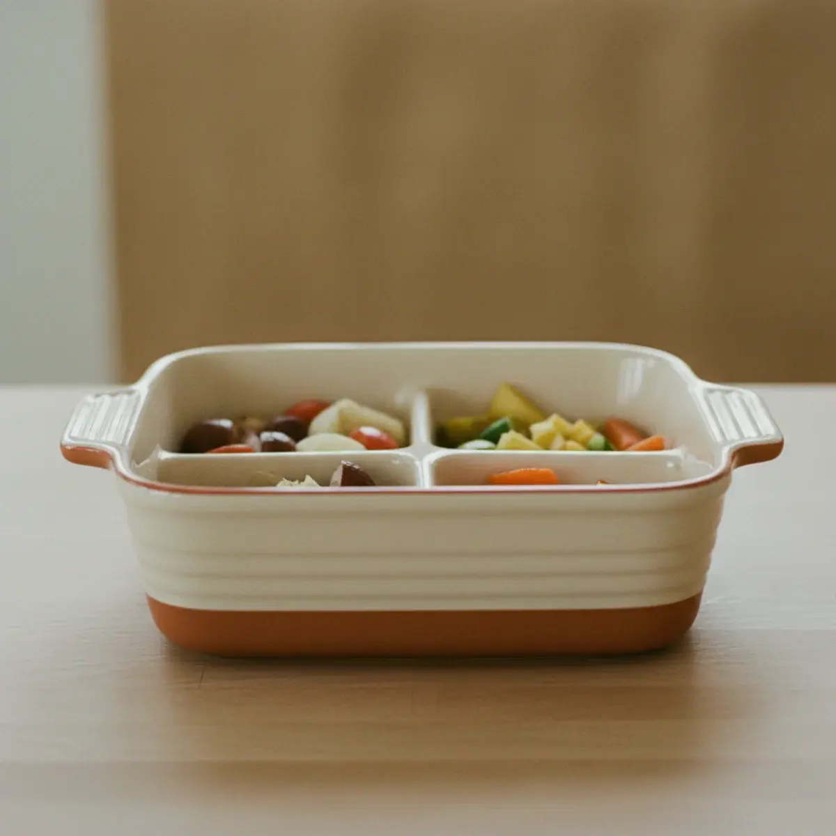 A neat kitchen pantry with glass jars of dried beans, pasta, rice, and oats labeled with hand-written tags on a wooden shelf, in warm window light