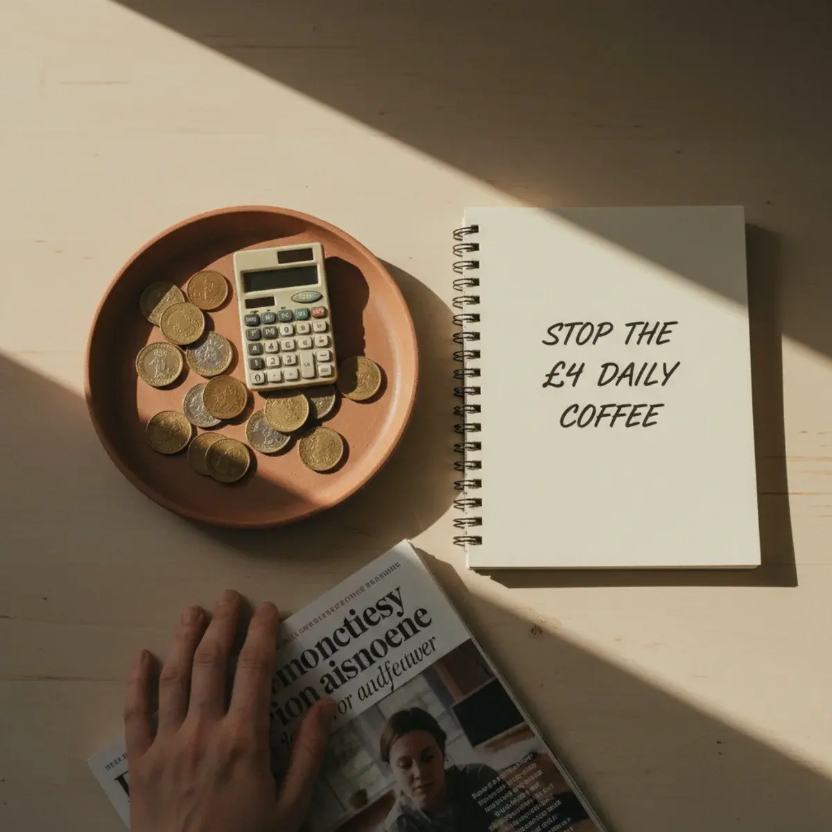 A young woman writing in a small notebook of weekly meal plans beside a stack of recipe cookbooks and a cup of black tea on a kitchen table