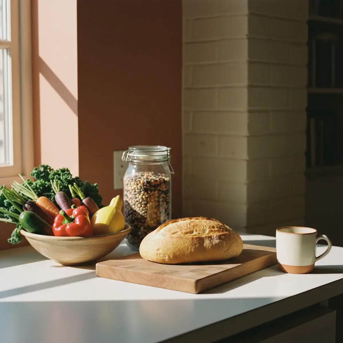 A neatly organised college kitchen counter with batch-cooked meal prep containers, a recipe notebook, and a budget tracker on a clipboard