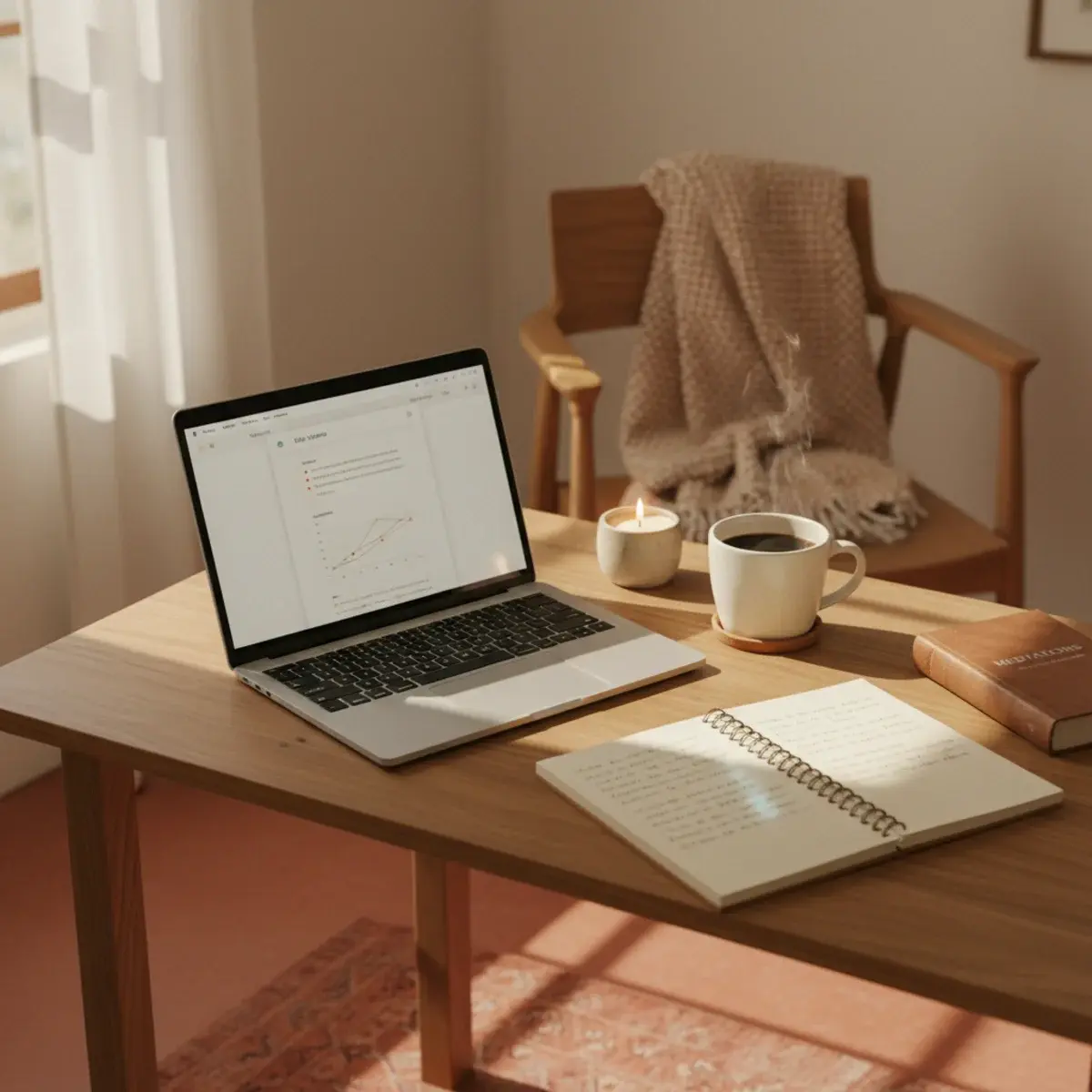 A focused young woman in a tidy home study setup writing in a planner with a laptop, headphones, and a glass of water nearby