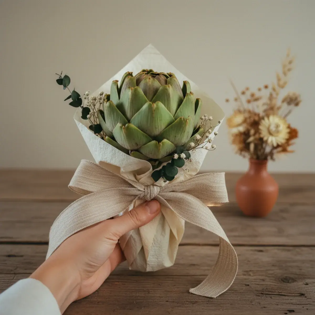 A wrapped St Patrick's Day care package in brown craft paper tied with a dark green velvet ribbon and a sprig of clover, beside a hand-written gift tag