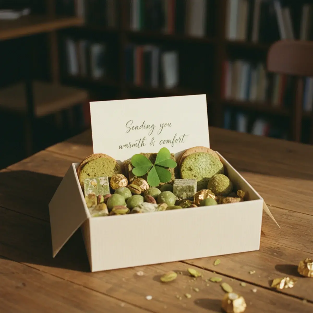 A St Patrick's Day themed care package featuring green wrapped treats, a small bouquet of clover, and a handwritten card