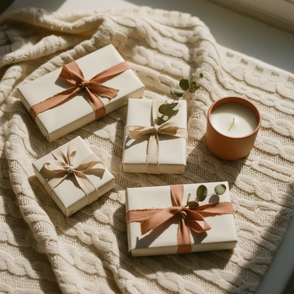 A festive Christmas stocking filled with small wrapped gifts hanging from a wooden mantelpiece with pine branches and twinkling lights