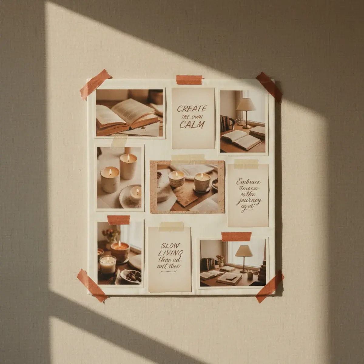 A vision board pinned with academic-aesthetic images, dried flowers, polaroids of friends, and handwritten goal cards in soft window light