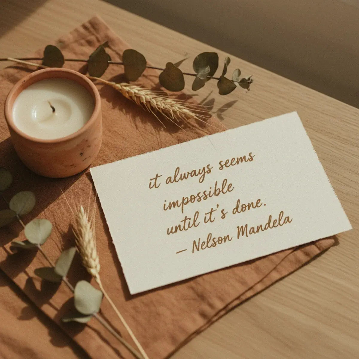 Hand-lettered calligraphy quote card propped against a stack of textbooks on a wooden desk in soft morning light