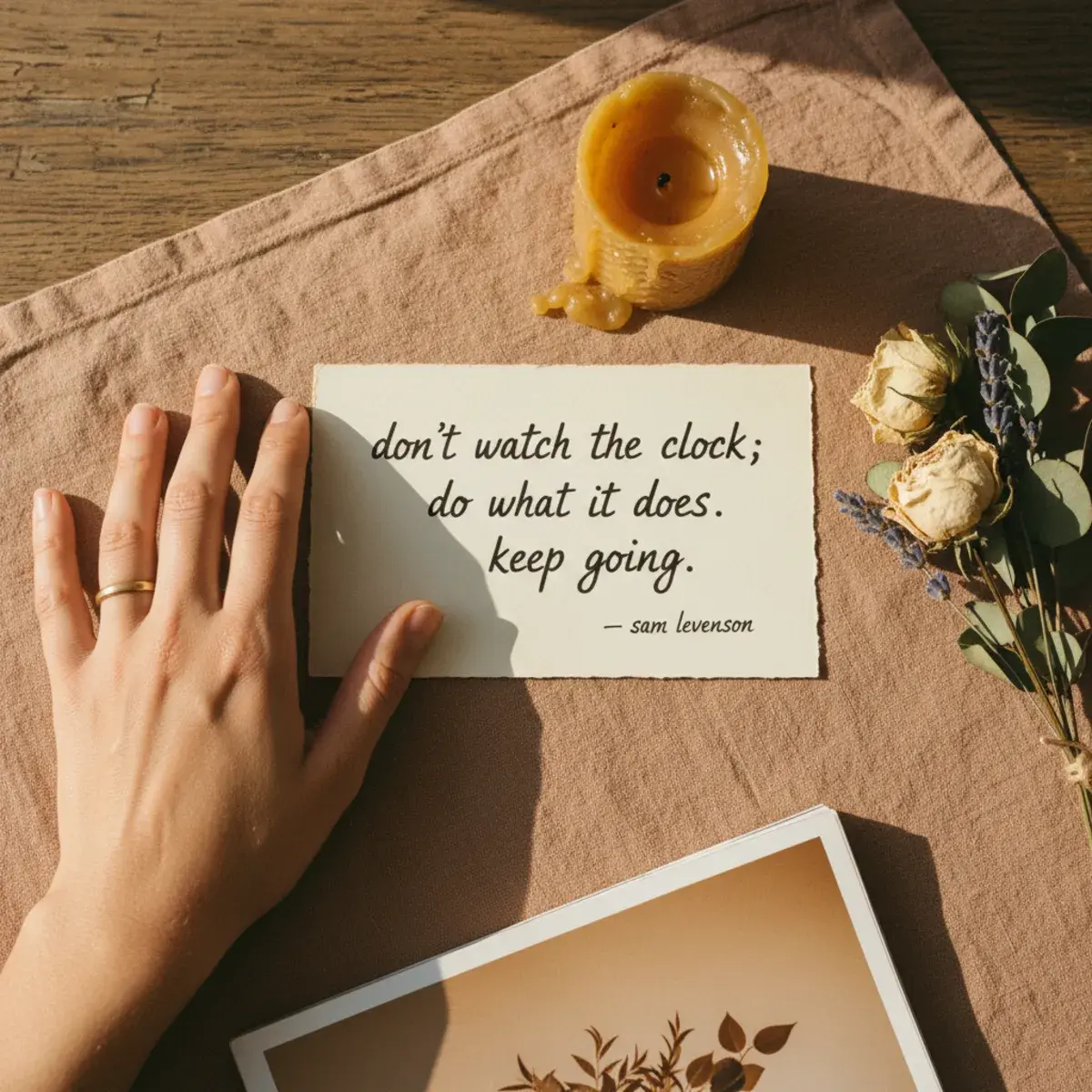 Sticky note on a bathroom mirror with a hand-written motivational quote, a vase of dried flowers and a candle on the counter