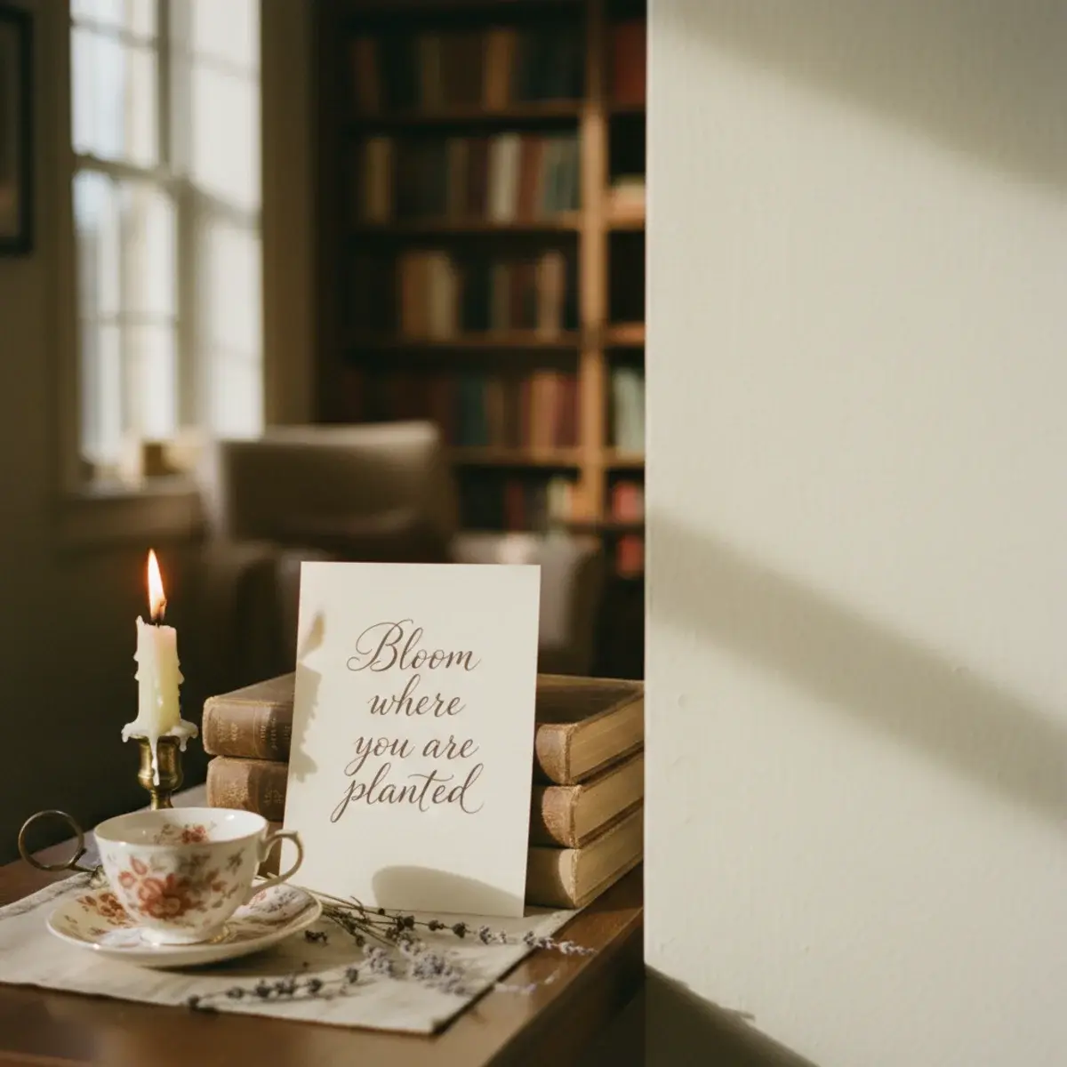 An aesthetic study desk in soft morning light with an open notebook showing a calligraphy-styled inspirational quote, a steaming mug of coffee, and a vase of dried flowers
