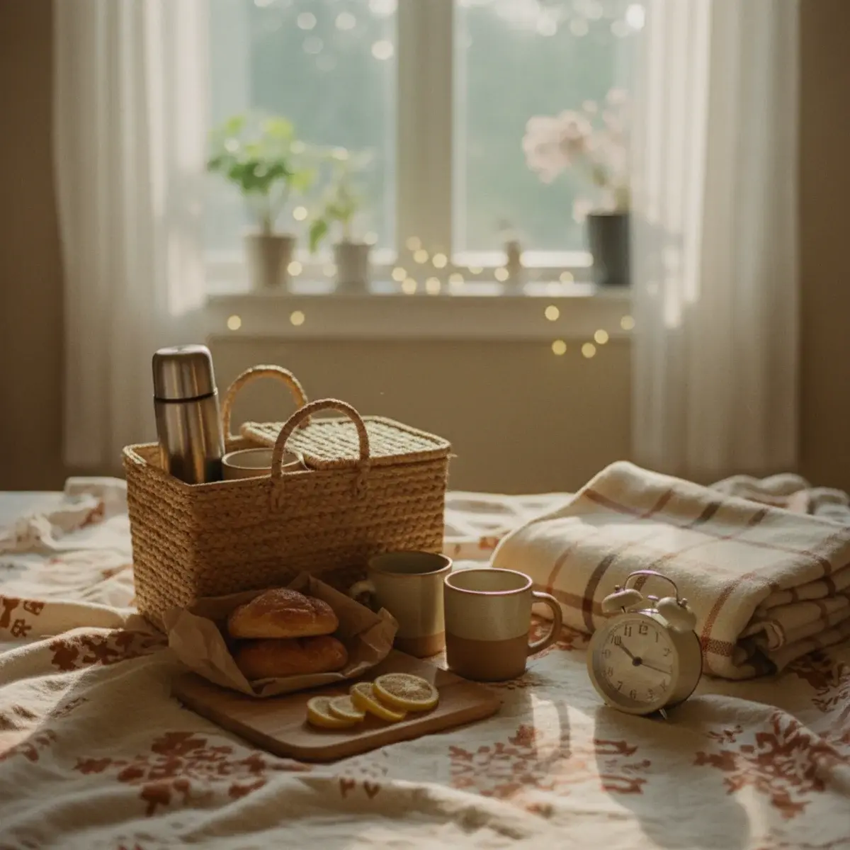 A summer flat-lay of slow-living essentials: a journal open to a freshly-written page, a glass of iced lemon water, a paperback book, a single peach, and sunglasses on a wooden table
