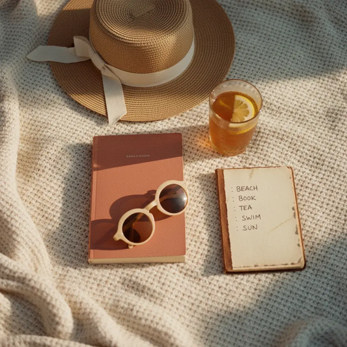 A summer scene with a young woman in a cream linen dress lying on a picnic blanket in a sunny park with a paperback book and a bowl of cherries