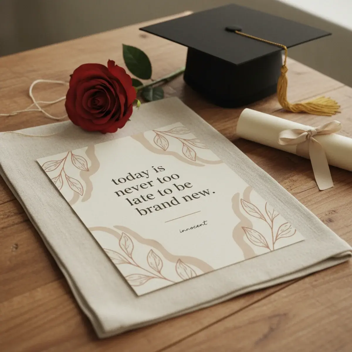 A decorated graduation cap with a single hand-lettered Taylor Swift lyric in elegant calligraphy displayed on a folded gown beside a single white rose