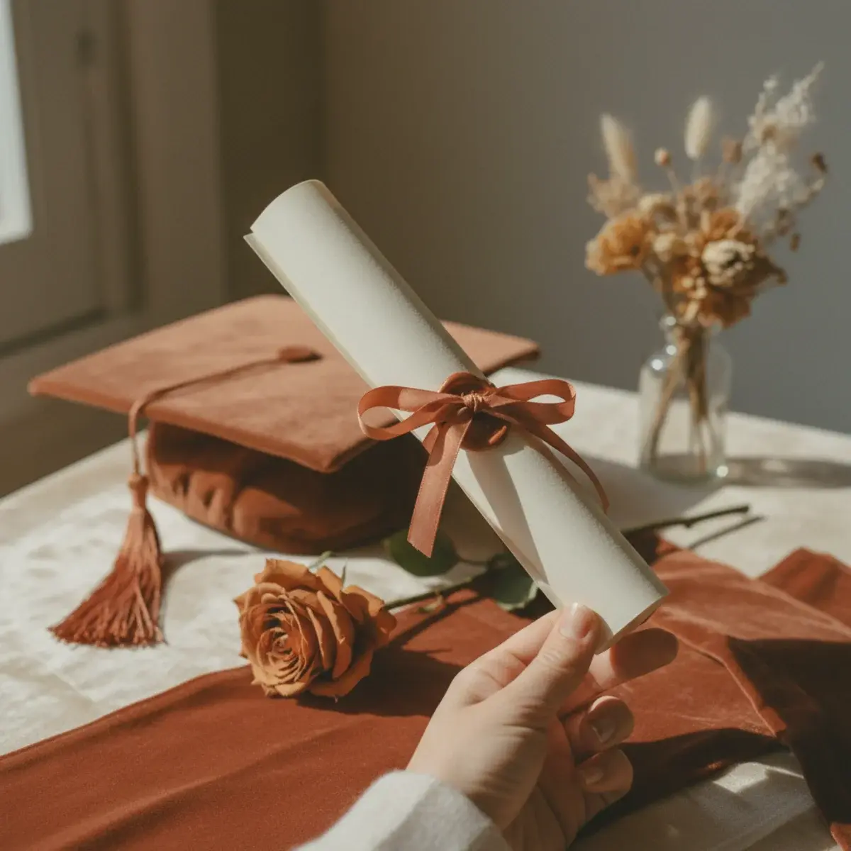 A graduation announcement card with a hand-lettered Taylor Swift lyric on cream cardstock beside a single rose, a small ribbon, and a polaroid of friends in caps and gowns