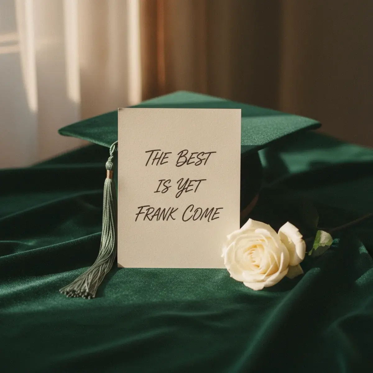 A graduation cap decorated with elegant calligraphy of a meaningful song lyric resting on a stack of books in soft afternoon light