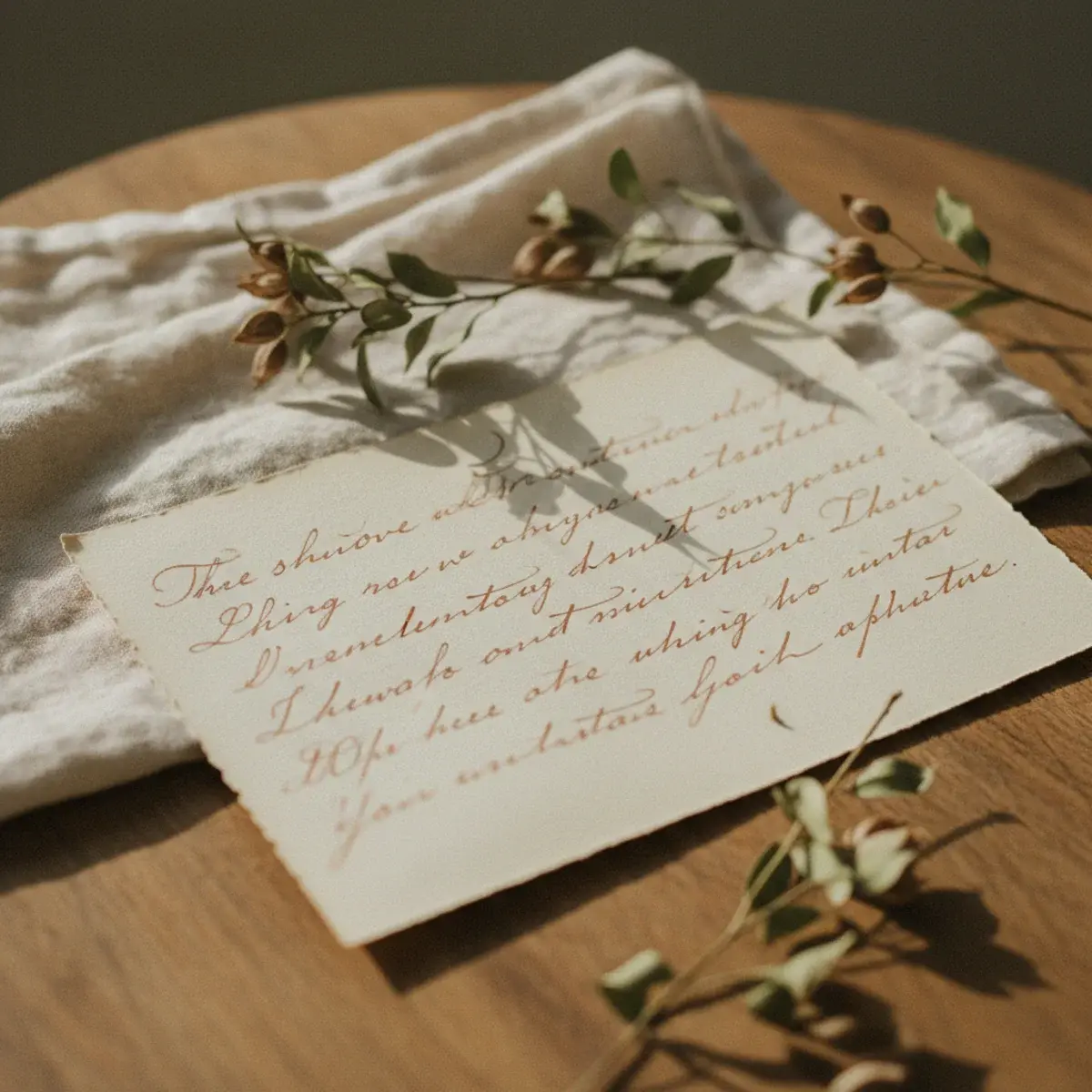A wicker basket filled with autumn-themed care package items including a knit scarf, a paperback book, a glass jar of homemade granola, and a handwritten card on linen background