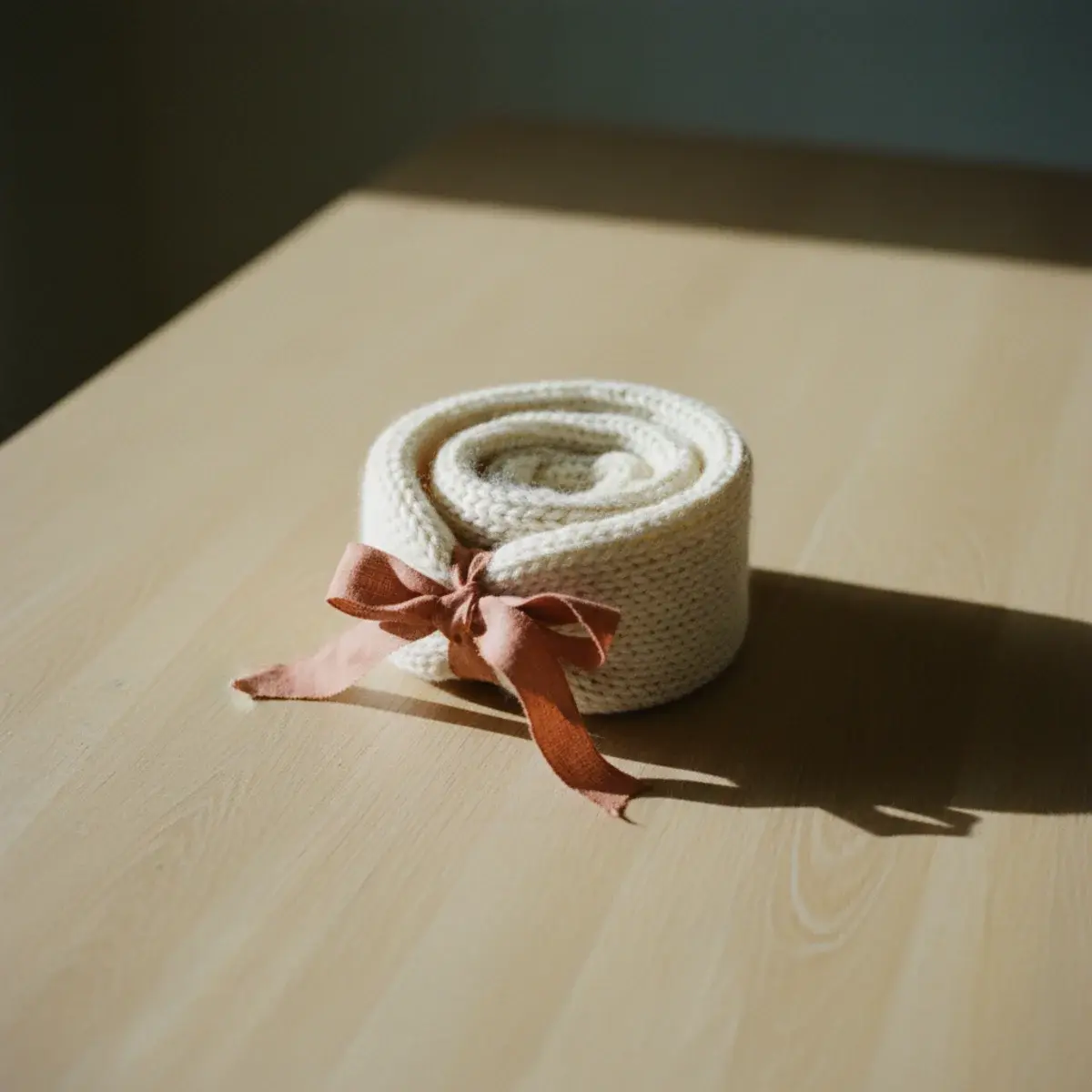 A pair of cream wool socks, a folded soft throw blanket, and a glowing autumnal candle arranged on a wooden surface in soft golden light