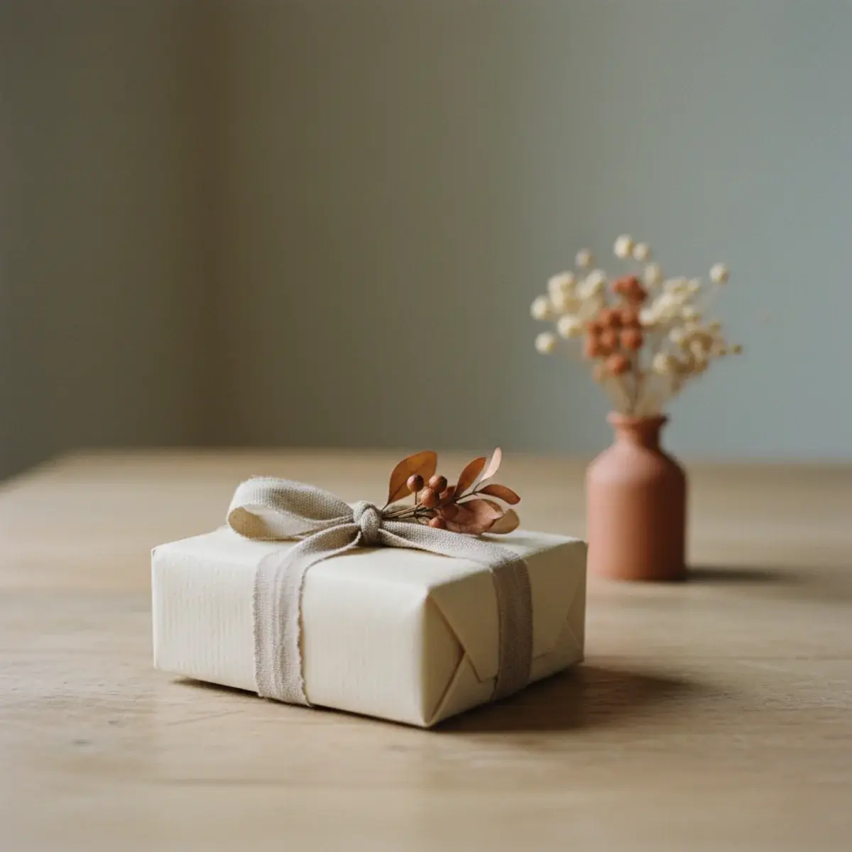 A small embroidery kit, a paperback book, a hardback notebook with a fountain pen, and a glass of mulled apple drink arranged on a wooden table