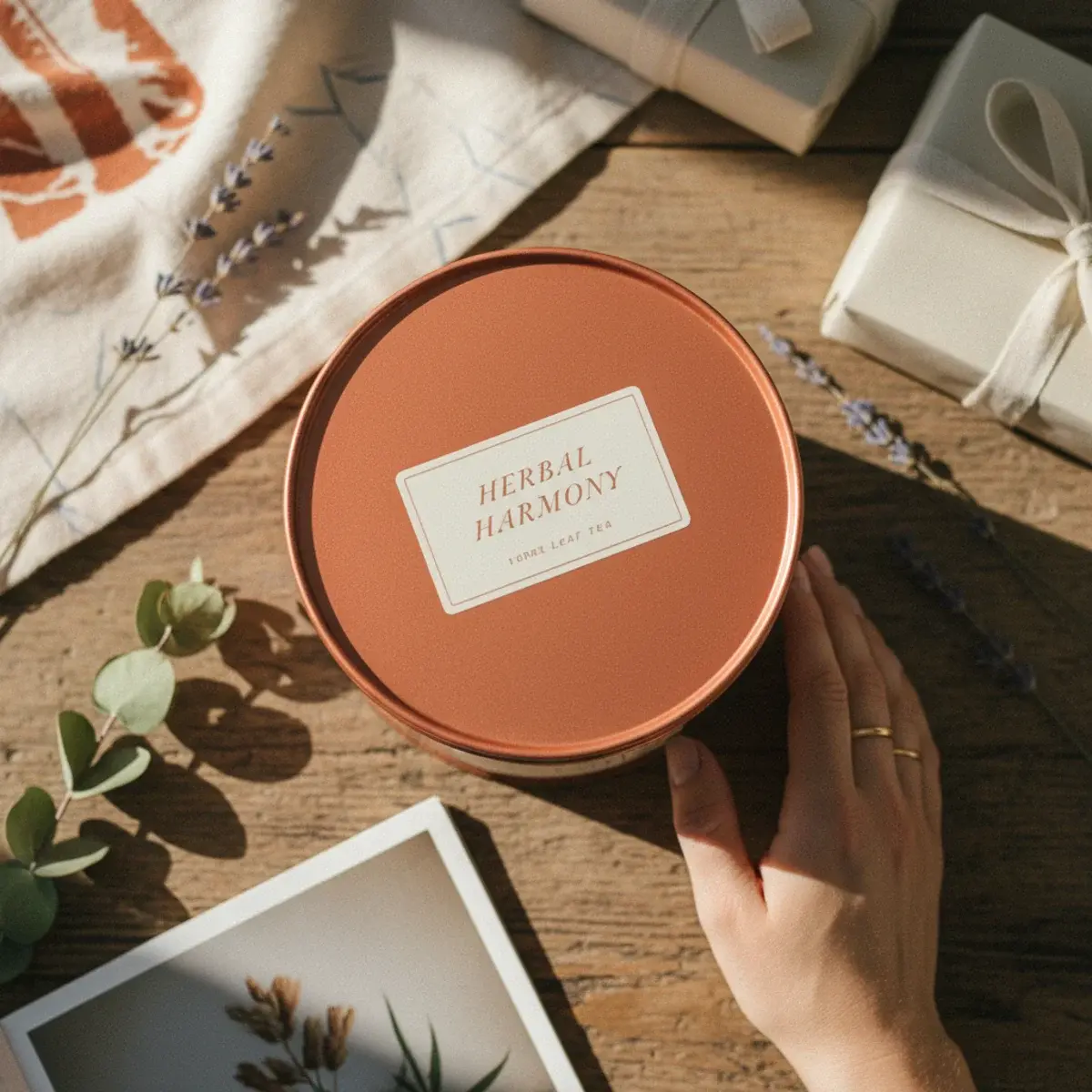 An open Thanksgiving care package box wrapped in brown craft paper with autumnal items arranged inside, including a handwritten letter, a candle, dried wheat, and a soft cardigan, on a wooden table