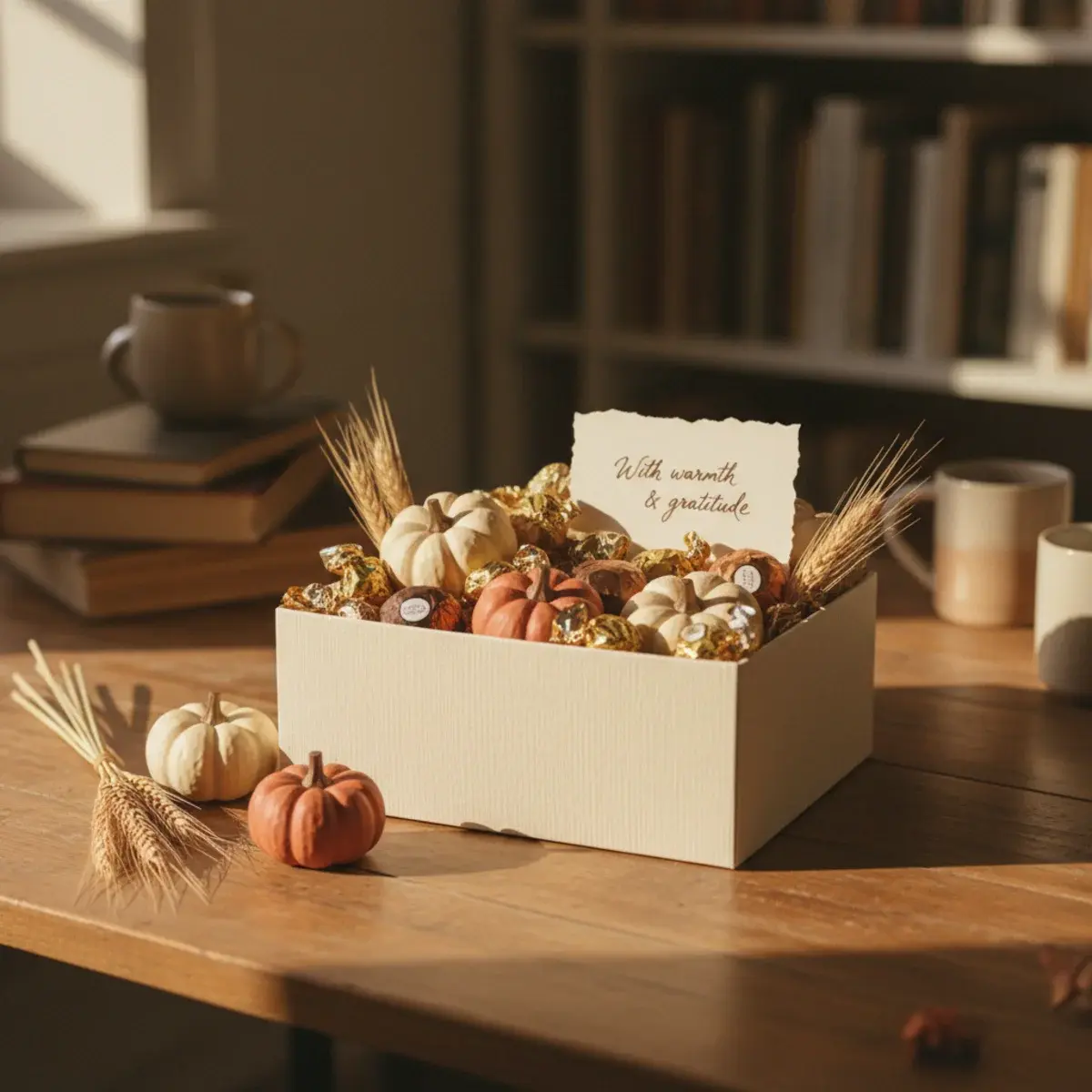 A wicker basket filled with autumn-themed care package items including a knit scarf, a paperback book, pumpkin spice cookies, and a handwritten card