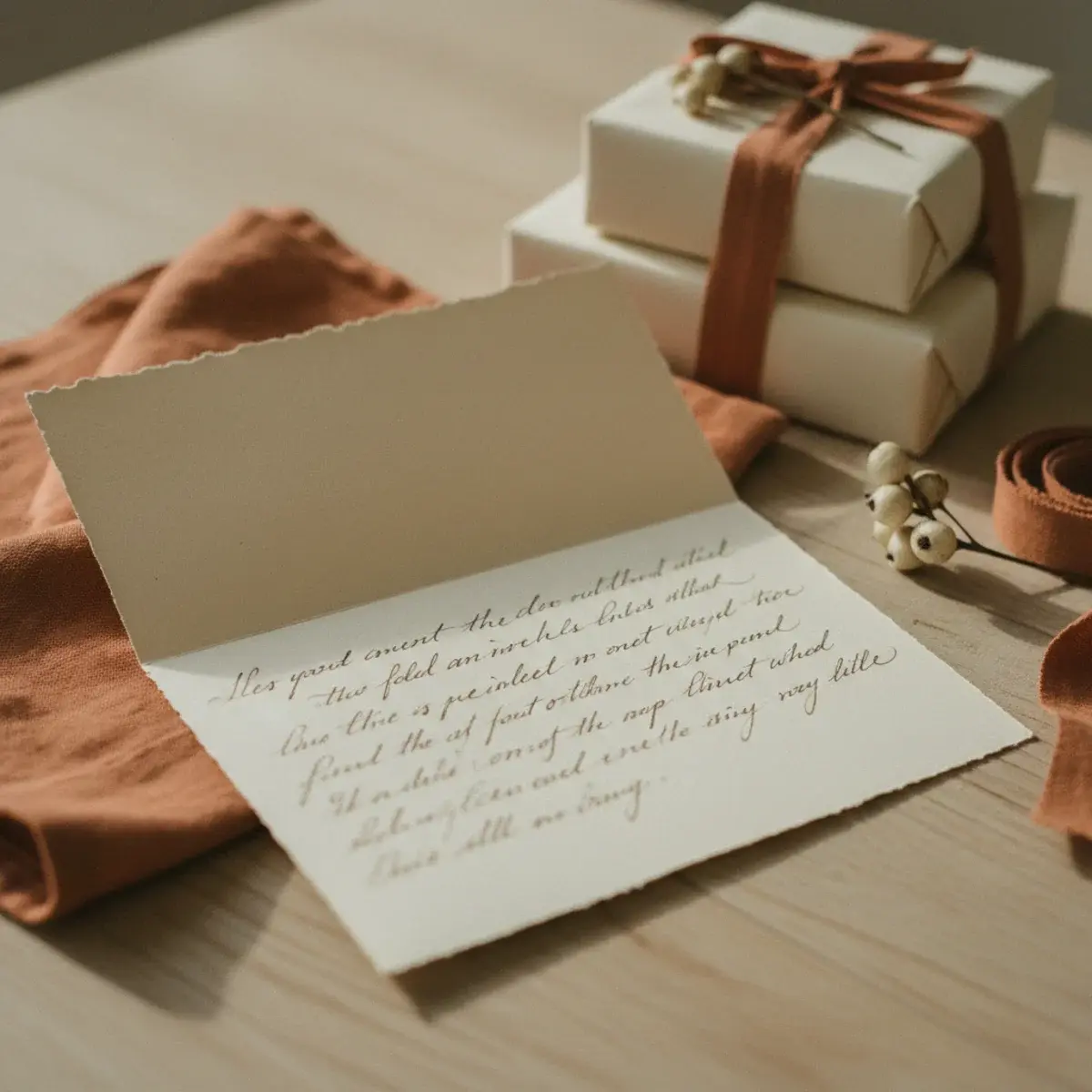 A small wicker basket filled with Valentine's care package items: a handwritten letter on cream paper, a small box of pink-wrapped chocolates, a candle, and a single rose tied with linen ribbon