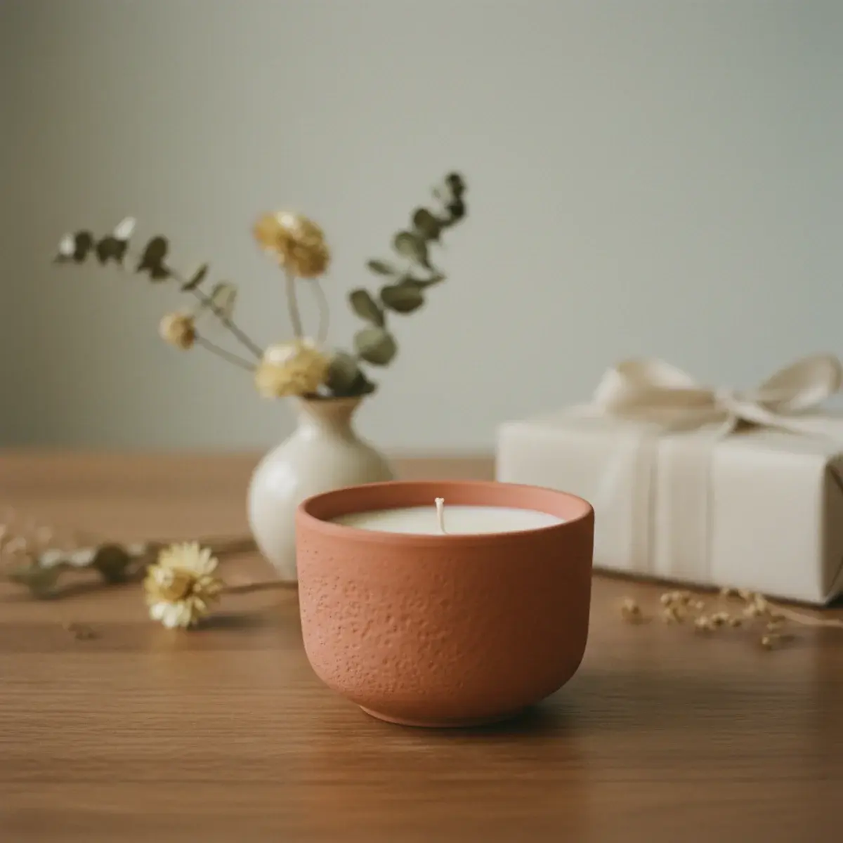A wrapped Valentine's care package in cream paper tied with pink ribbon, with a small dried lavender sprig tucked into the knot and a handwritten tag attached