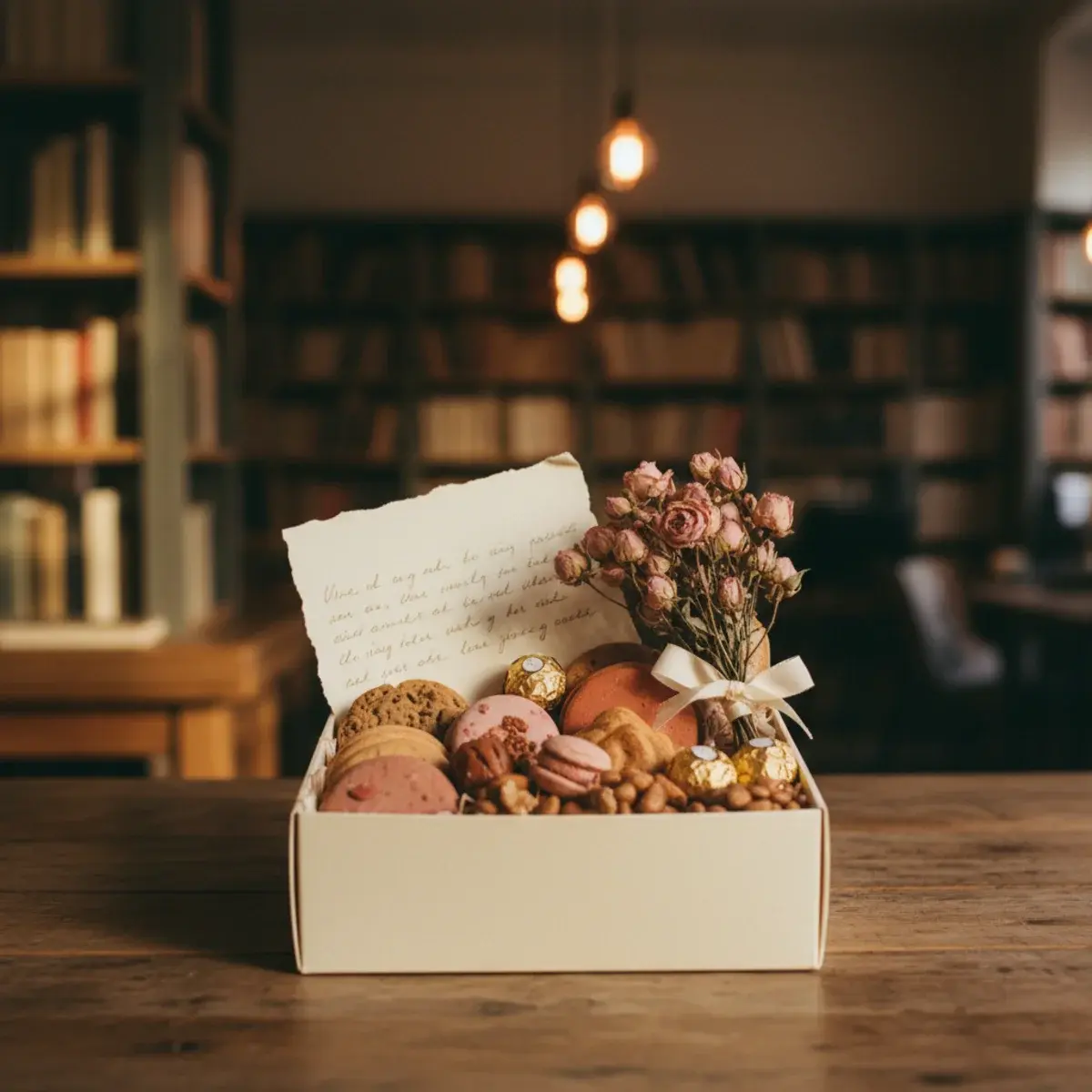 A small wicker basket filled with Valentine's care package items including chocolates, a paperback book, a candle, and a handwritten note