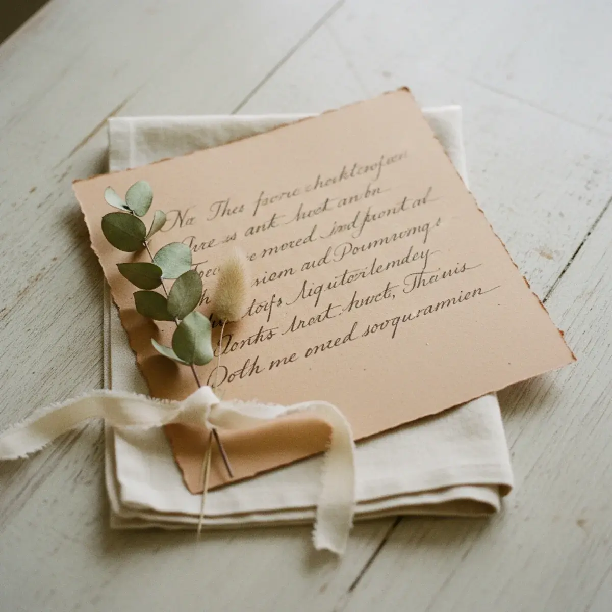 A single pink peony wrapped in cream tissue paper tied with a natural linen ribbon, resting on a wooden desk beside a handwritten card