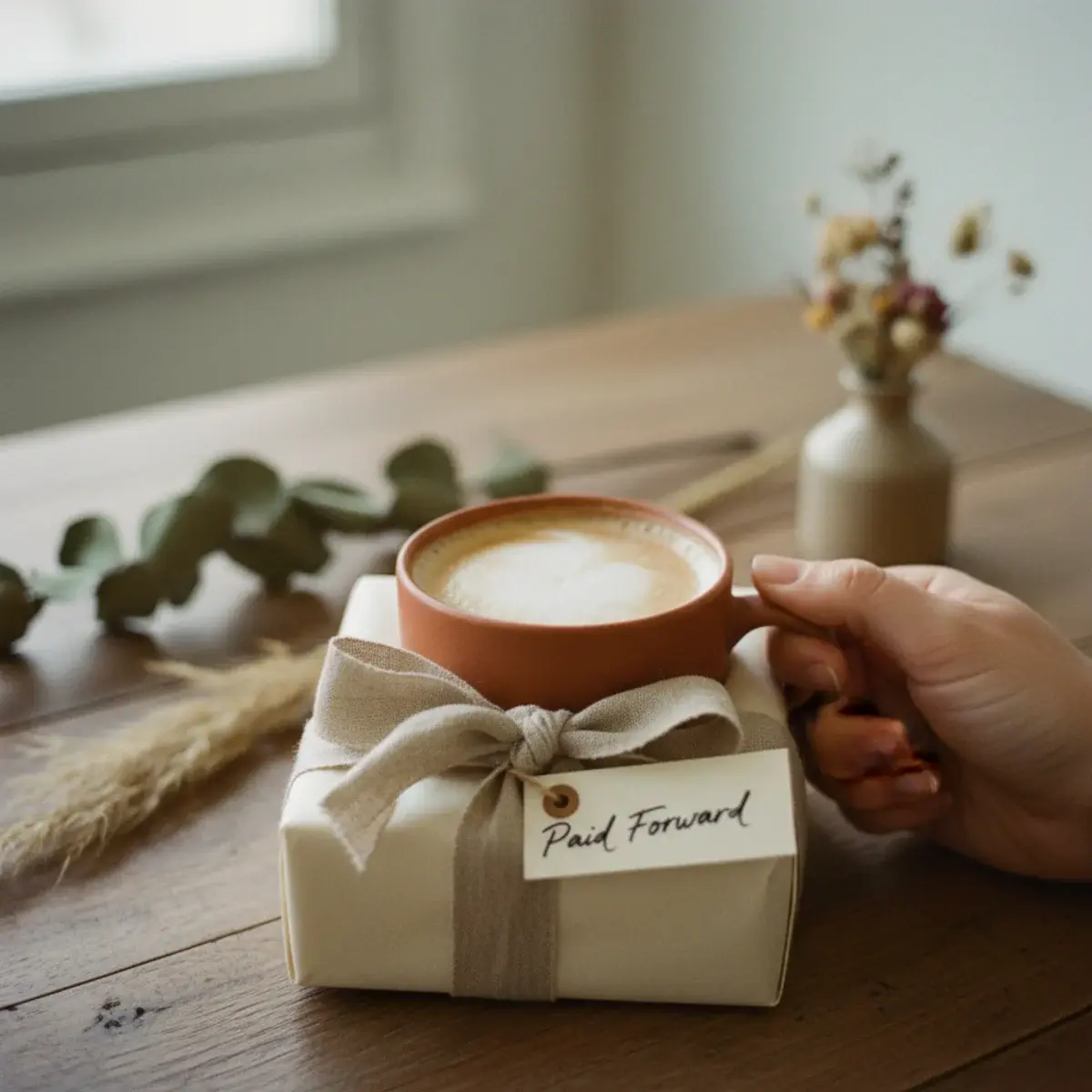 A real leather notebook cover with embossed initials lying on a wooden desk beside a fountain pen, a candle, and a small bouquet of pink ranunculus