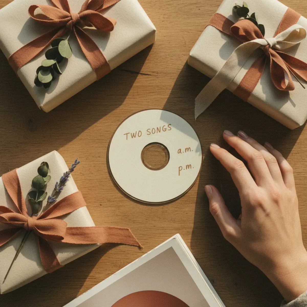 A flat-lay of long-distance care package items including a handwritten card, a printed photograph, a small candle, and a sachet of hot chocolate tied with a ribbon on linen