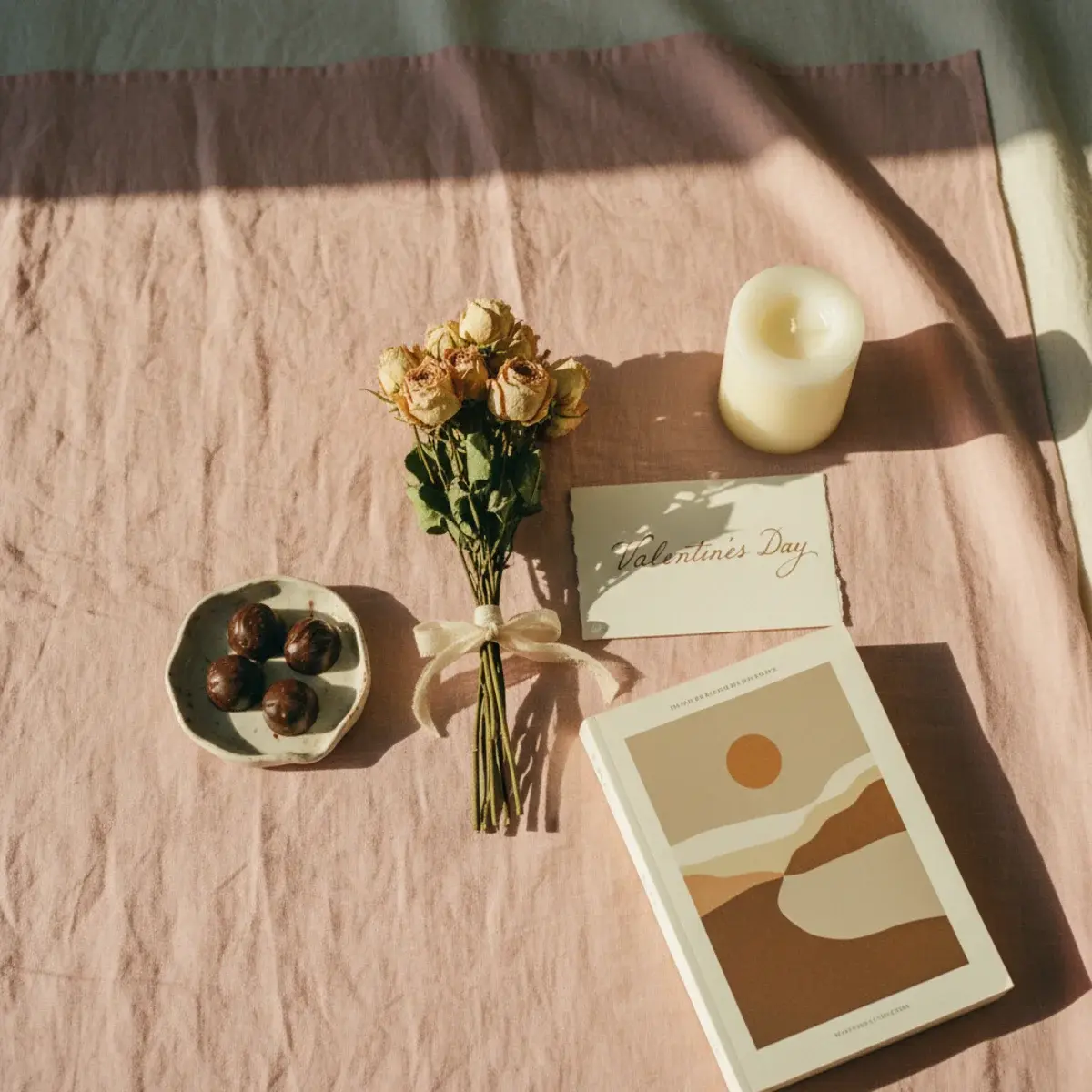 A flat-lay of pink and terracotta Valentine's gift items including a small bouquet, a candle, a book, and a handwritten card on linen