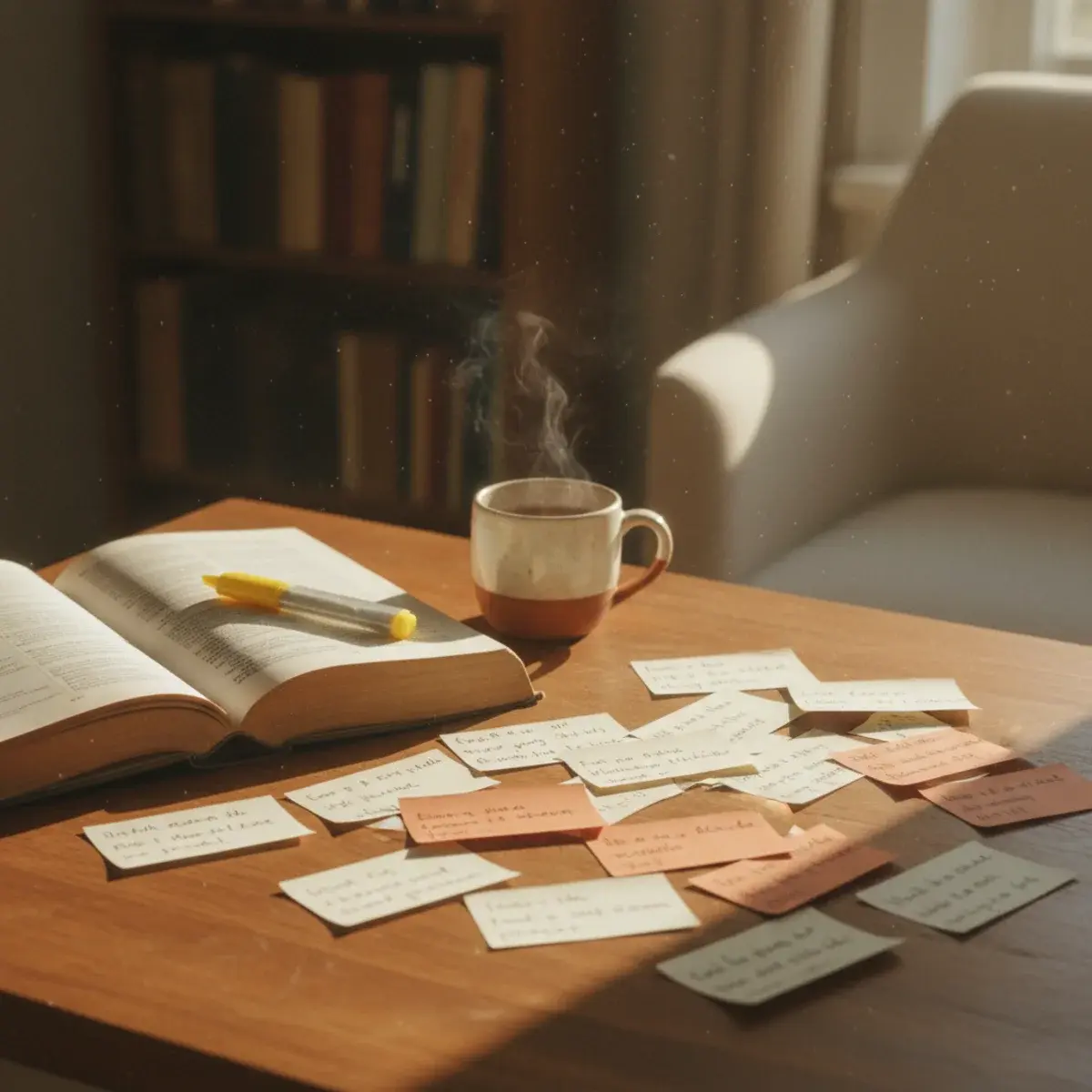 A study desk with handwritten flashcards arranged on a wooden surface beside an open textbook, a highlighter, and a cup of tea