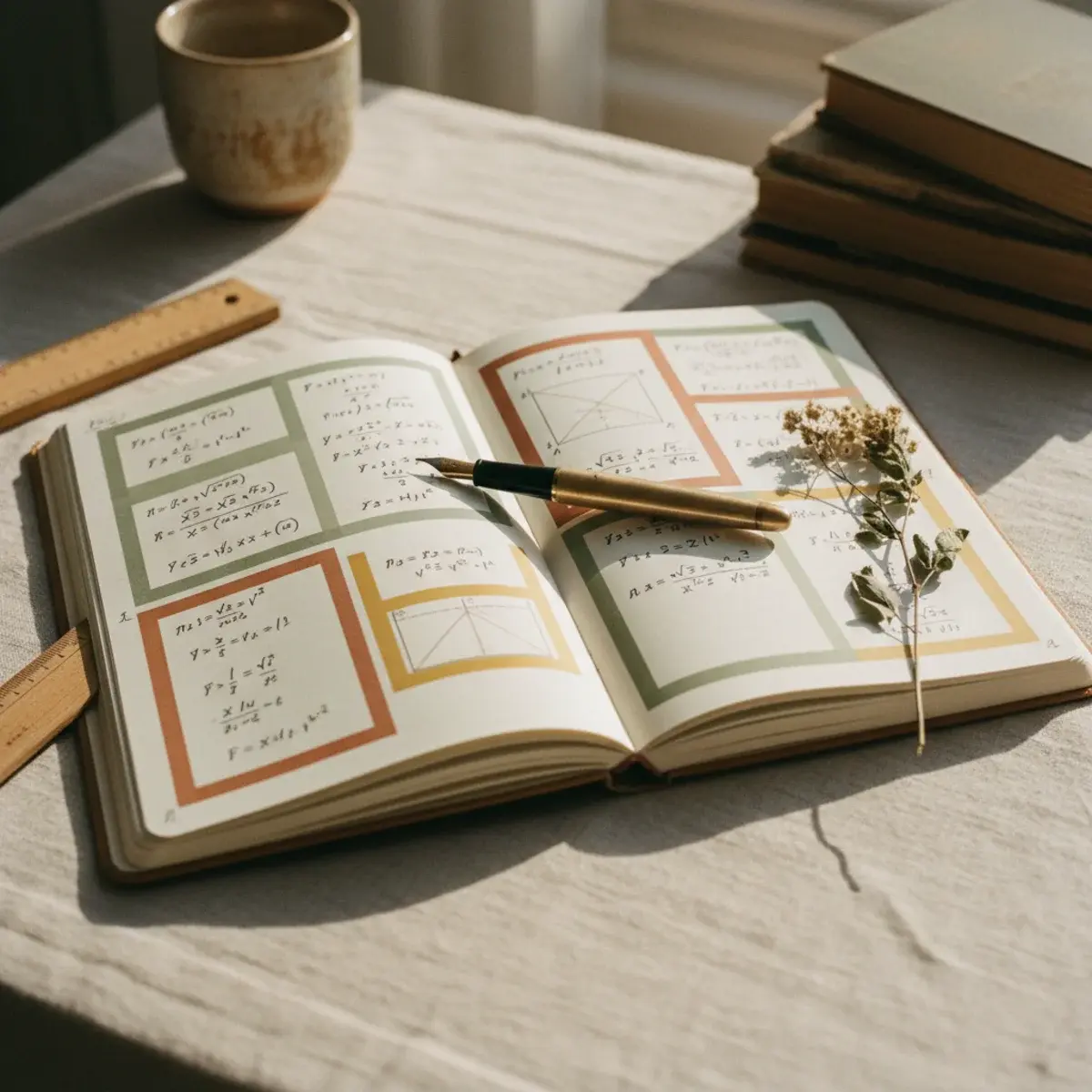 A beautifully laid-out maths notebook page with colour-coded equations, a fountain pen, a ruler, and a small cup of coffee
