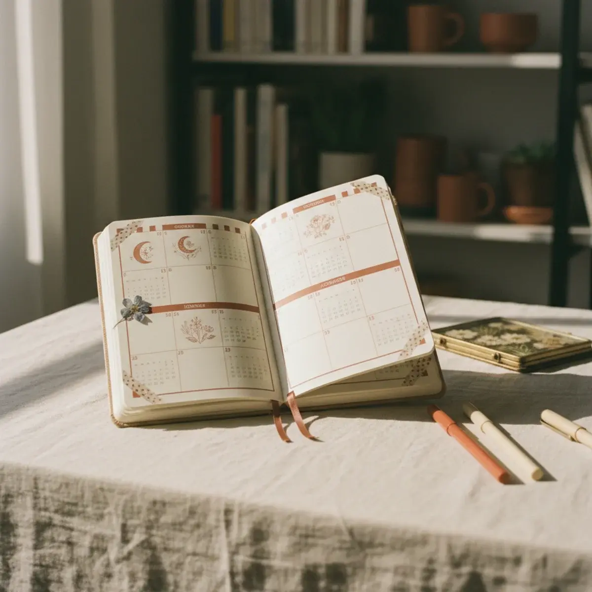 An open bullet journal showing a minimal weekly spread with a fountain pen, a cup of coffee, and dried flowers on a cream wooden desk