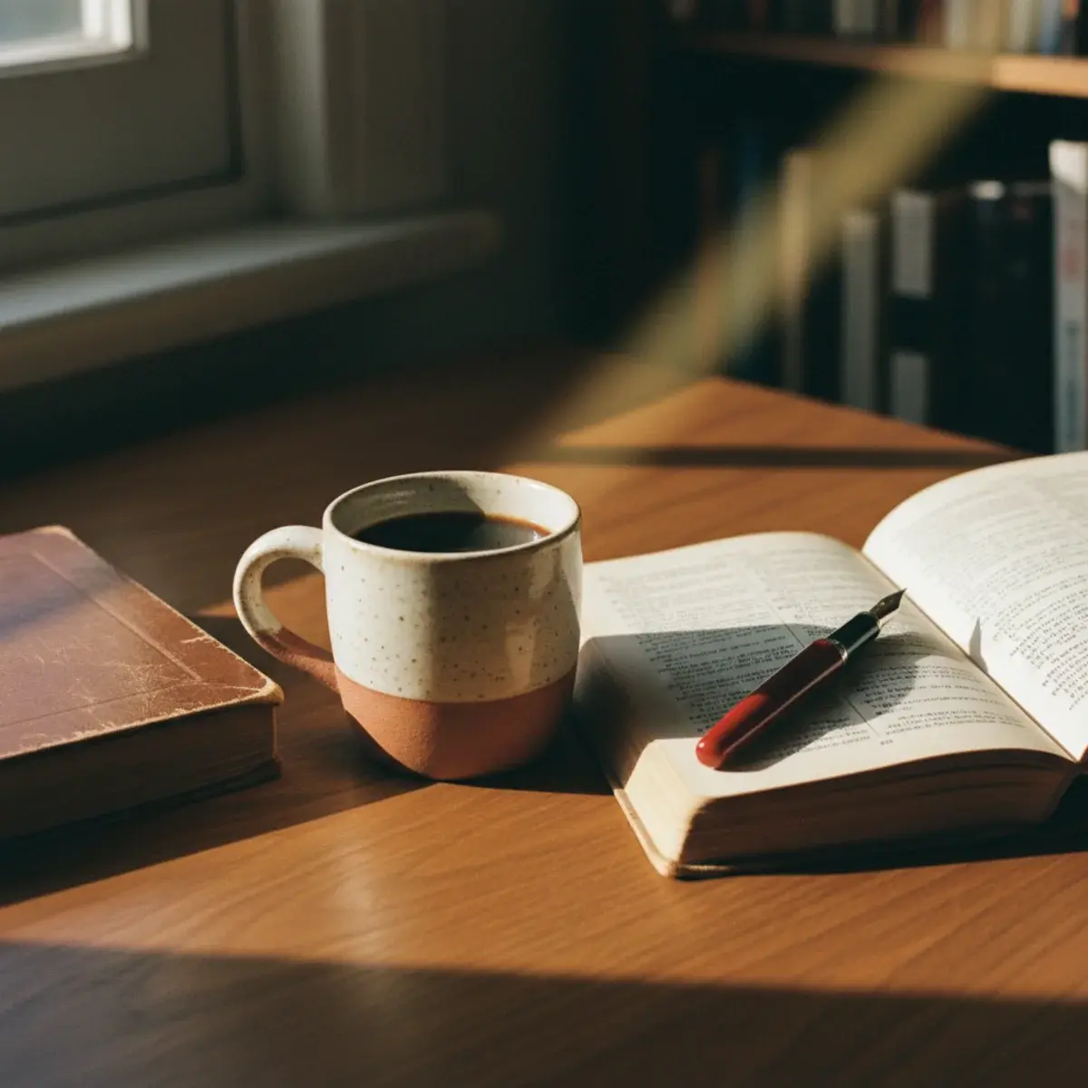 A close-up of a pour-over coffee setup beside an open textbook, a notebook, and a small white ceramic cup of fresh coffee