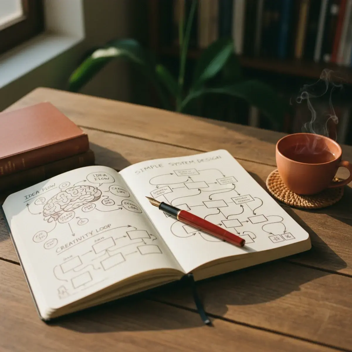 An open notebook with a hand-drawn explanation of a concept alongside a coffee cup, a pen, and a stack of textbooks