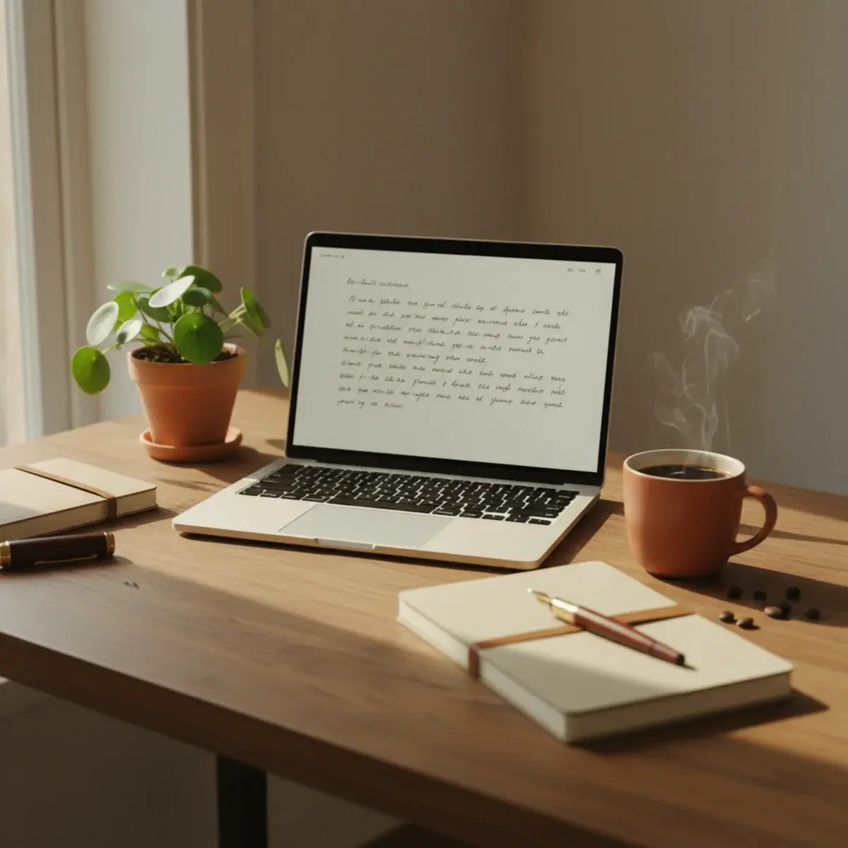 A laptop screen showing a well-organised study dashboard beside a cup of coffee, a notebook, and a small plant in warm natural light