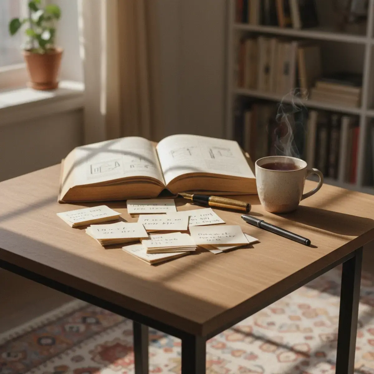 A stack of handwritten revision flashcards bound with a small terracotta ribbon beside an open textbook, highlighter, and cup of coffee
