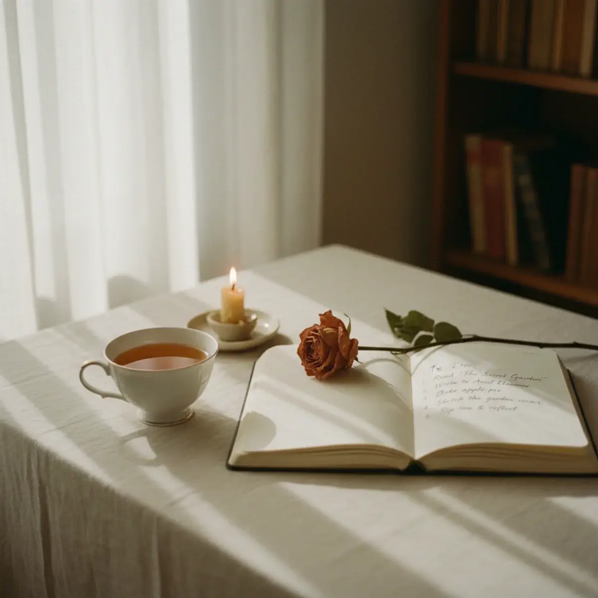 A young woman calmly sitting on a sofa with a cup of tea and a book, looking out a window in warm afternoon light, expression peaceful