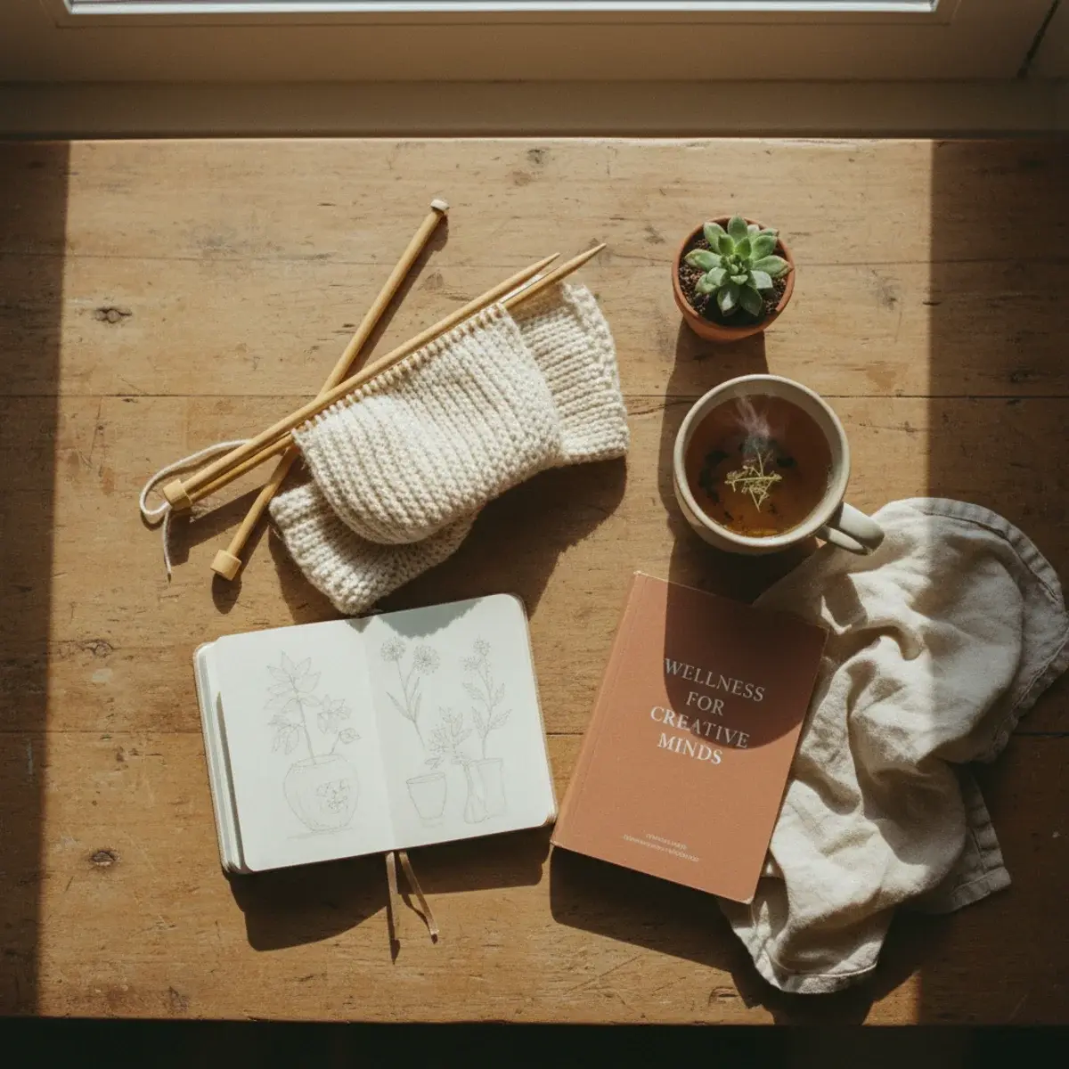 A young woman stretching by a sunlit window with a yoga mat, a glass of lemon water, and a green smoothie on a side table