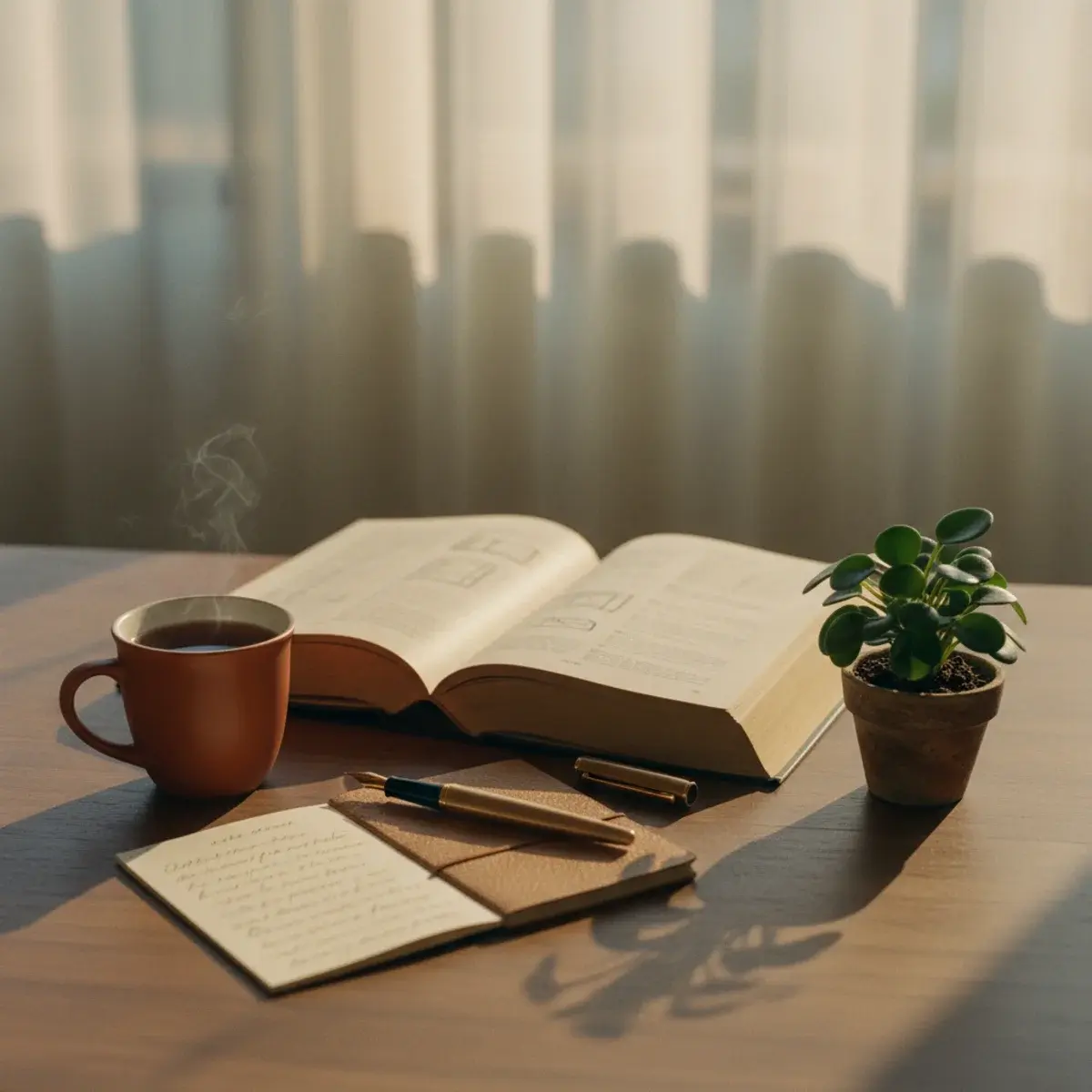 A serene study desk with an open textbook, neatly arranged stationery, a small bouquet of dried flowers, and afternoon window light