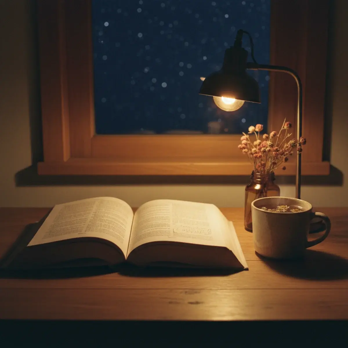 A cosy late-night study scene with a desk lamp glow, an open laptop, a hot cup of herbal tea, and a wool blanket draped over a chair